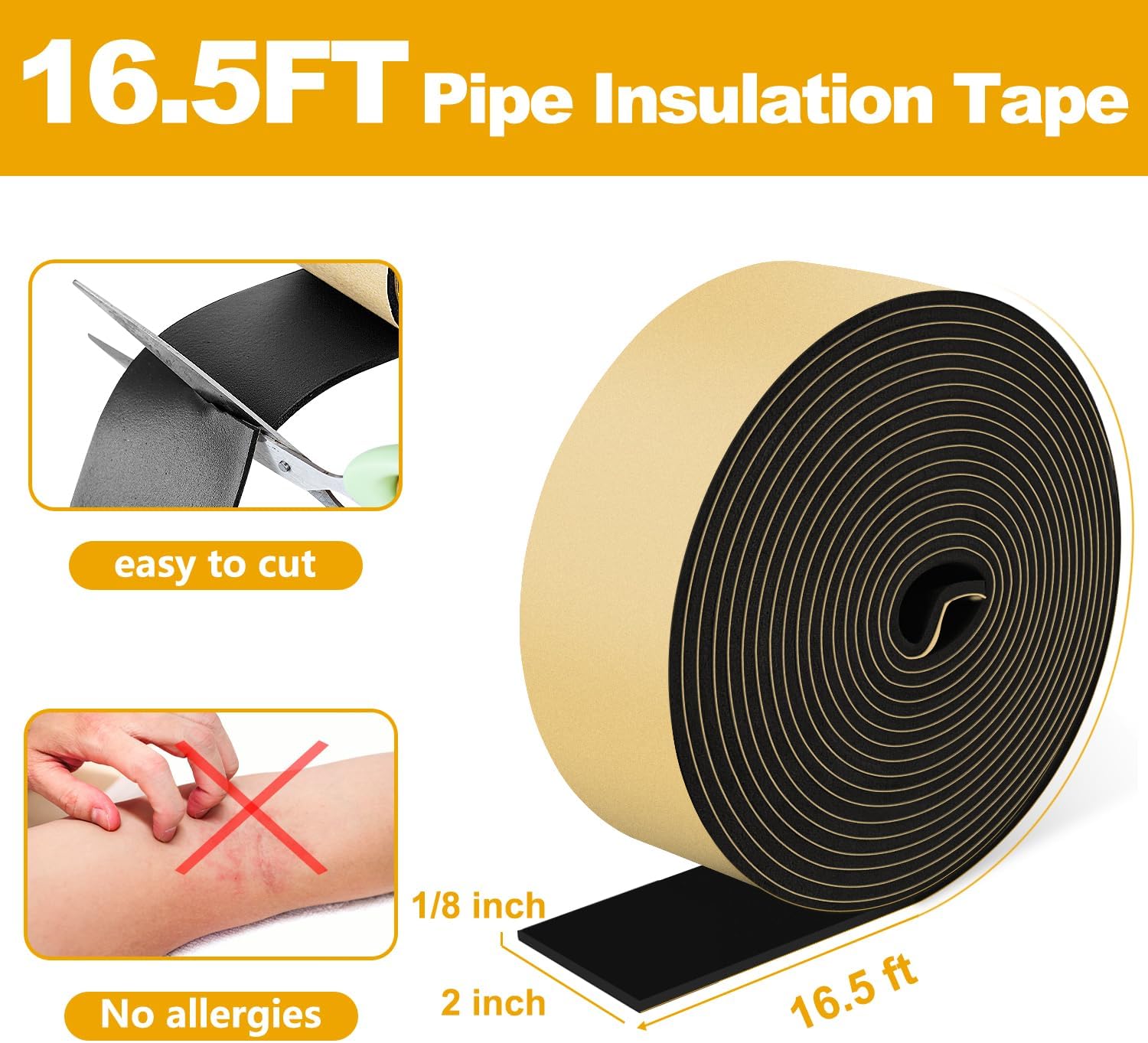 DEMEDO Pipe Insulation Tape, Pipe Wrap Insulation Foam Tape Self Adhesive, Outdoor Water Pipe Insulation Roll for HVAC, AC Line Insulation, 2 inch x 16.5 FT Heat Tape for Water Pipe, Black
