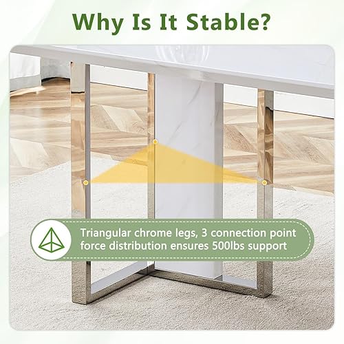 Miniatura 4 de Juego de mesa de comedor para 6, mesa y sillas de cocina blancas brillantes, juego de mesa de cocina de 63" con calcomanías de mármol para 6 con