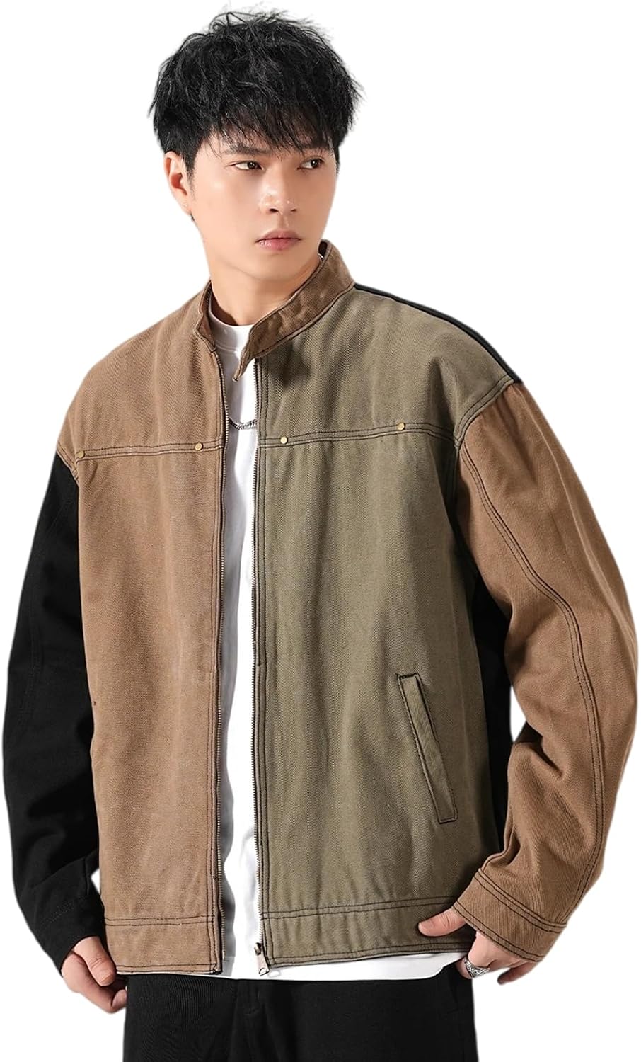 Men Cargo Coat Outerwear Patchwork Stand Collar Relaxed Fit Vintage Motorcycle Jacket