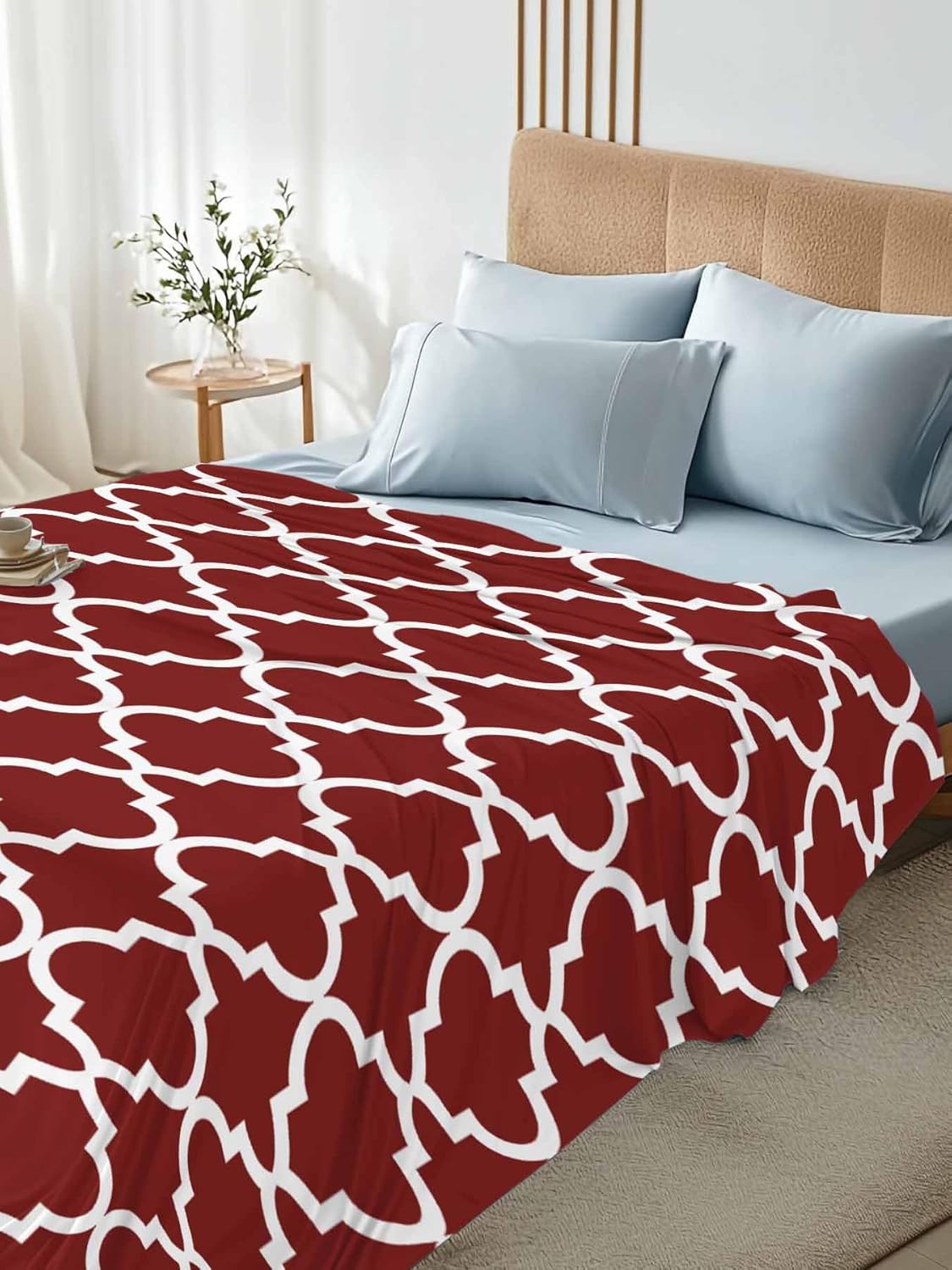 Top Sheet Queen Bedding Flat Sheet Only, Morocco Ethnic Pattern Microfiber Bed Sheets Soft Breathable Bedding Flat Sheets, Modern Geometric on Burgundy Red Hotel Luxury Top Sheets