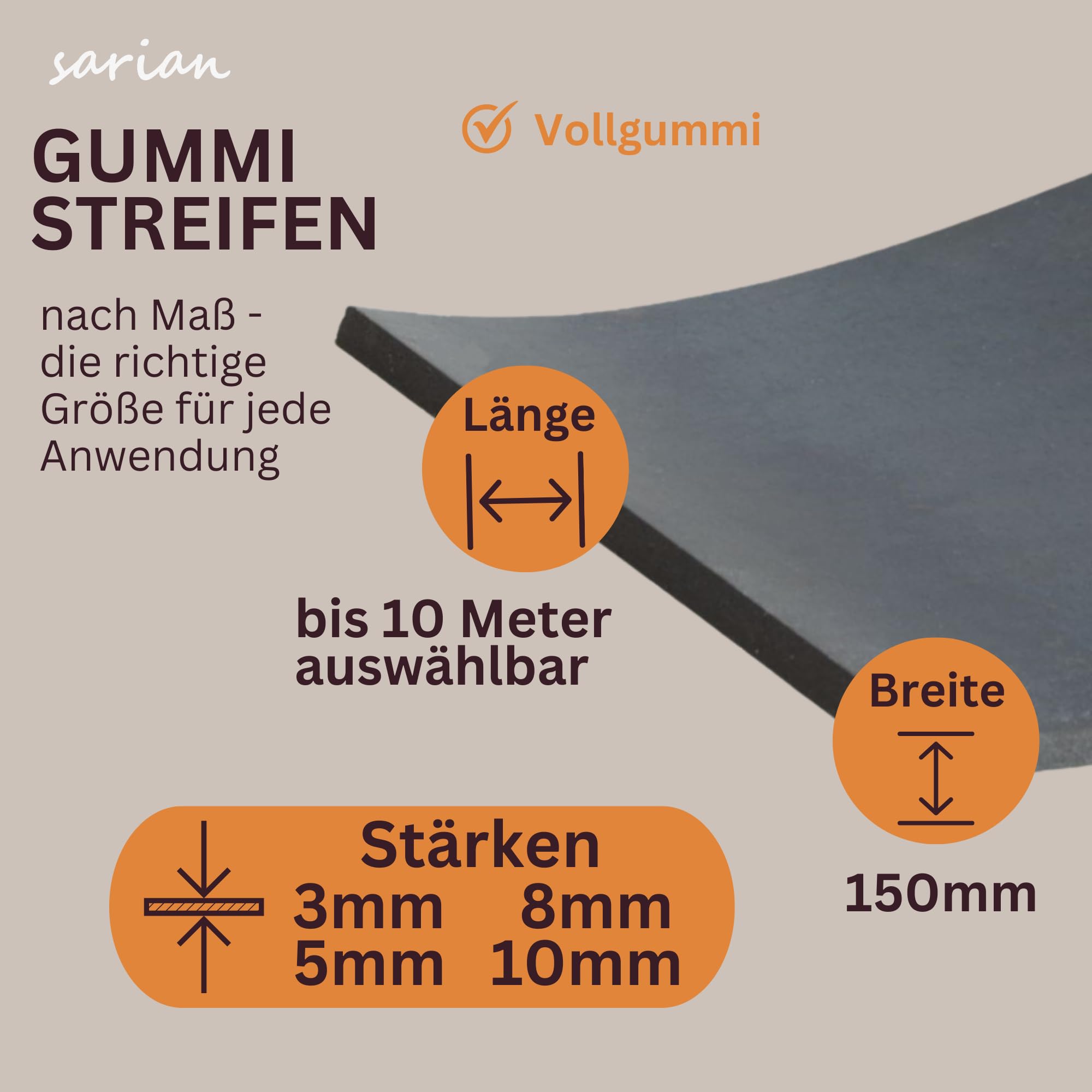 sarian Gummistreifen 150mm 15cm BREIT - WÄHLE STÄRKE: 3mm, 5mm, 8mm, 10mm - WÄHLE LÄNGE: bis 10m METER Gummileiste Gummimatte Meterware Gummiunterlage Gummidichtung