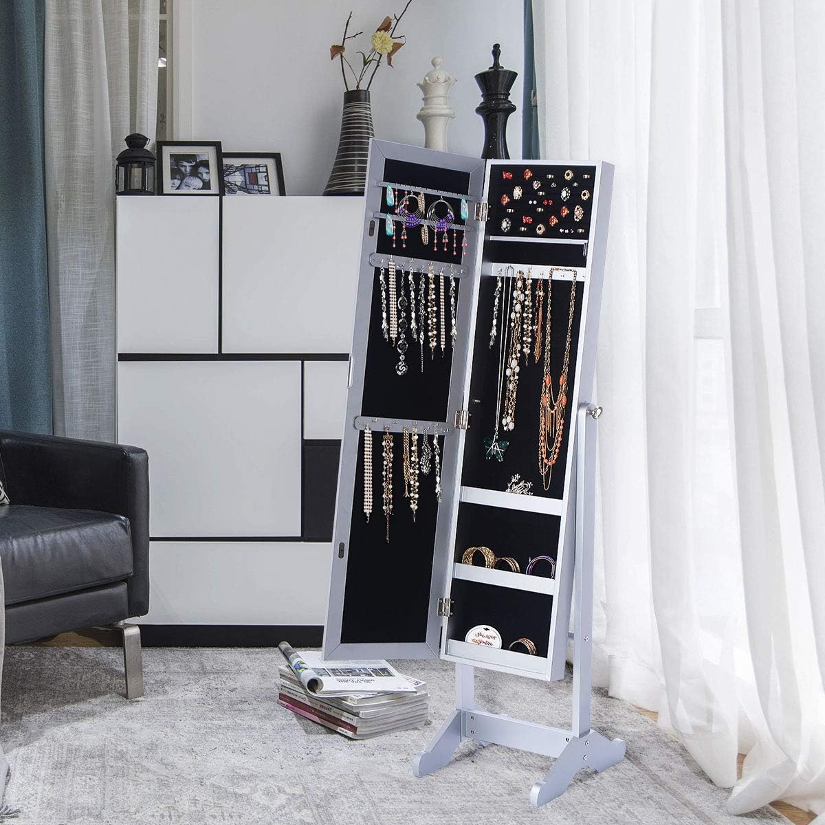 Giantex Jewelry Cabinet Armoire with Mirror, open to show interior storage