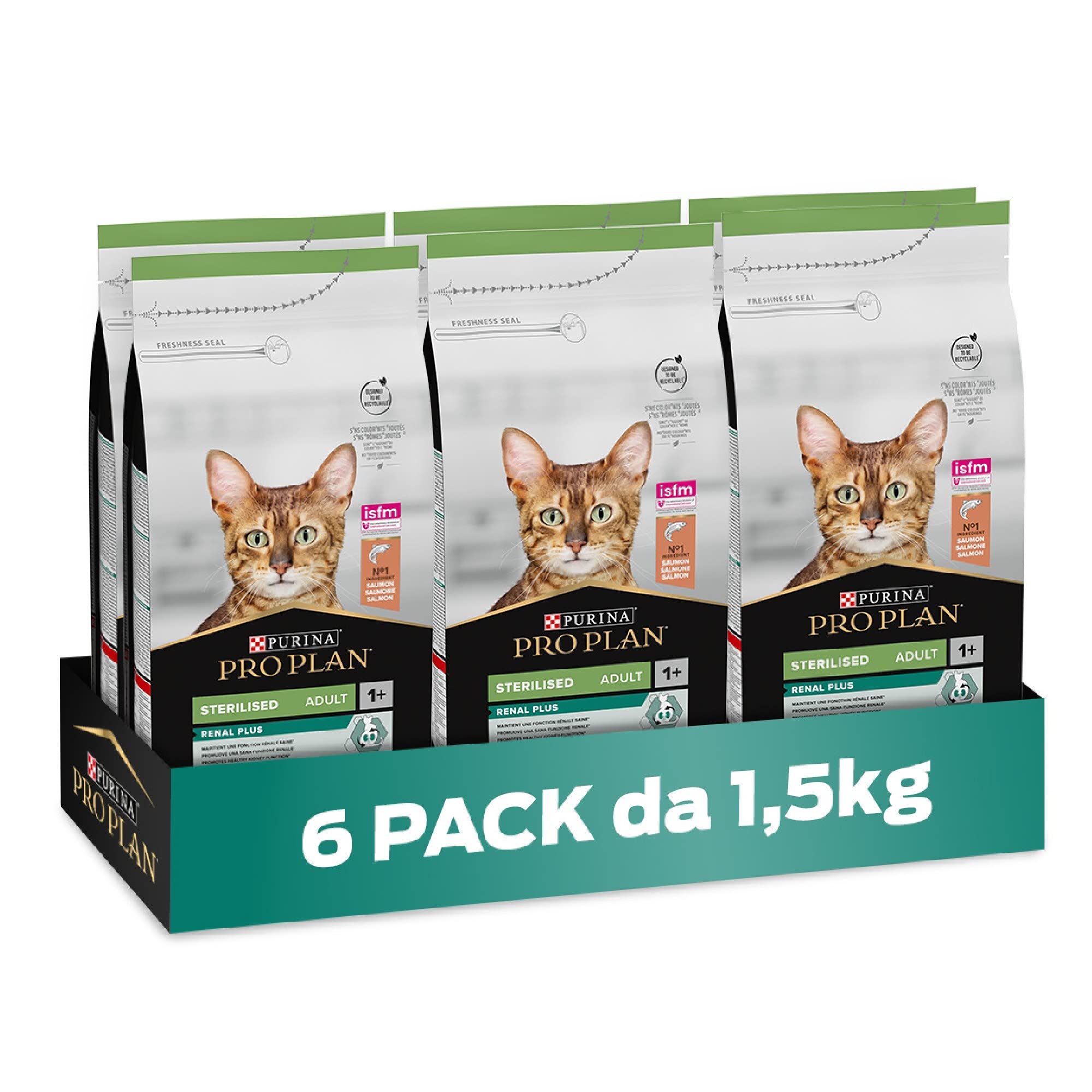Purina Pro Plan Sterilised Renal Plus Crocchette Gatti Adulti Ricco in Salmone, 6 Confezioni da 1,5 kg