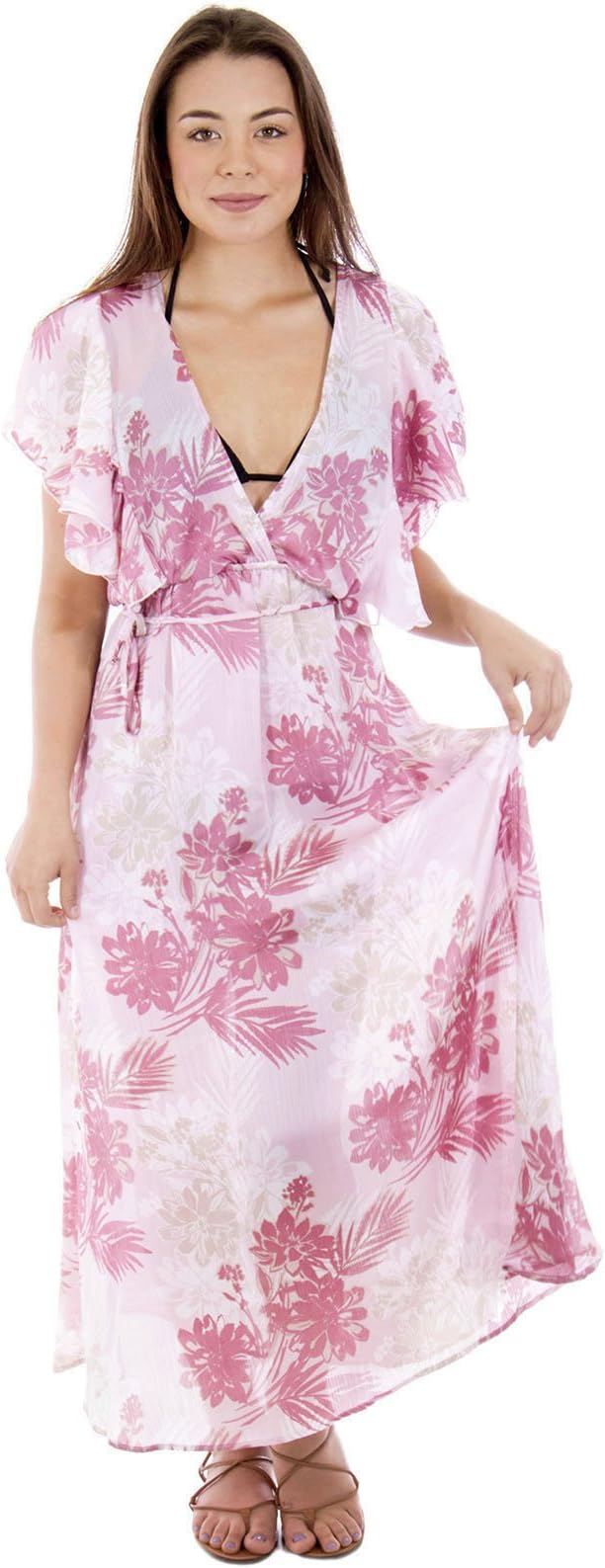 Short Sleeve High Waist Long Evening Dress - Rosalinda Burgundy Floral, M