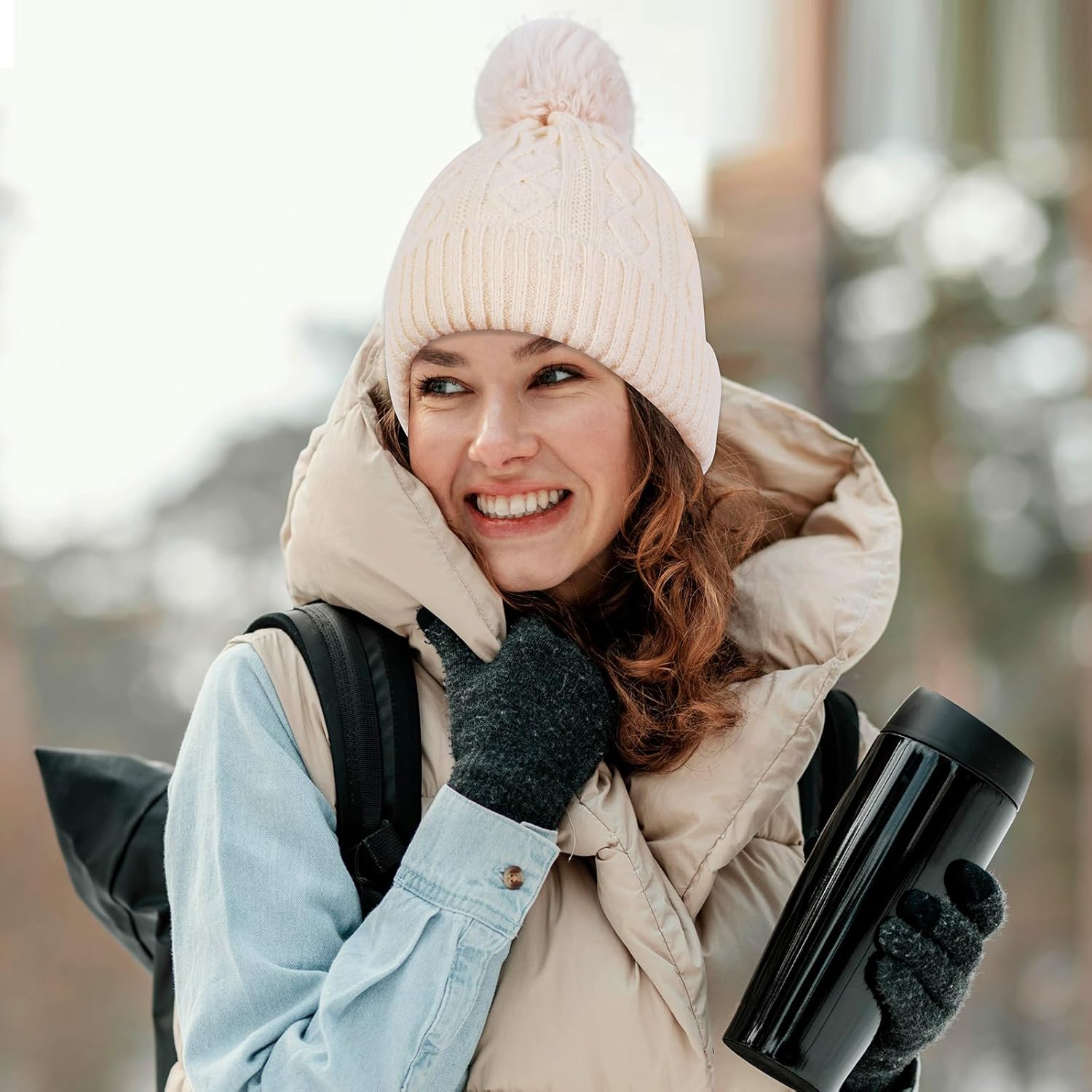 Winter Beanie with Pom Pom Cable Knit Beanie Hats for Women Warm Fleece Lined Knit Skull Cap Snow Hat for Girl - Image 3