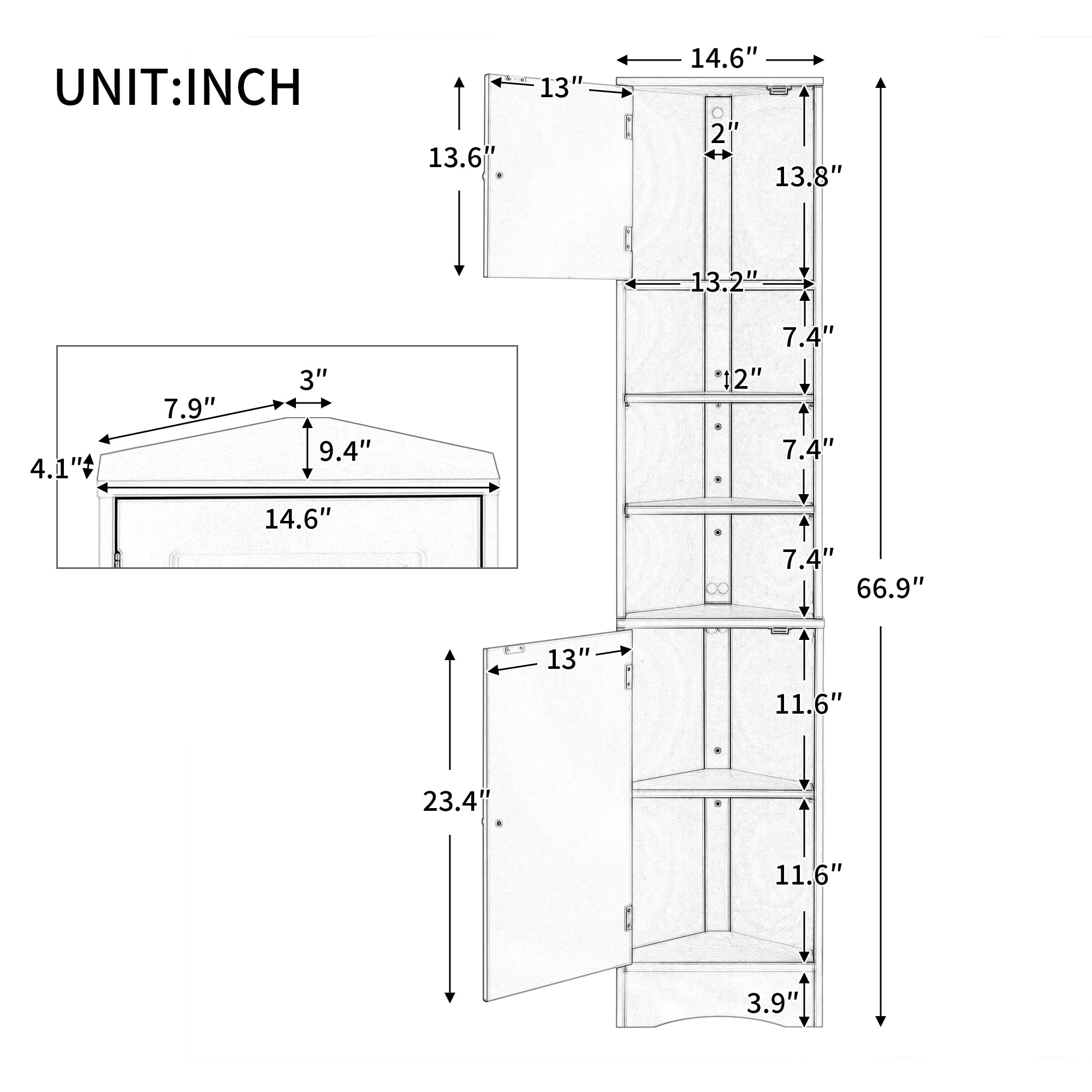 Condition photo showing New/Like New for flieks multi-functional corner cabinet tall bathroom storage cabinet with two doors and adjustable shelves, open shelf, white