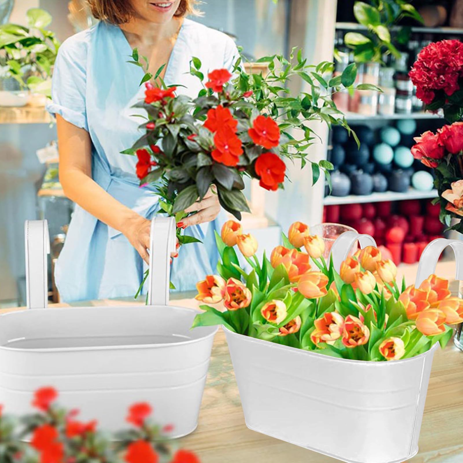 CITÉTOILE 4 Pièces Pots de Fleurs Suspendus en Métal,Pots Suspendus Balcon avec Trou de Drainage, Pots Suspendus Blancs avec Crochet Amovible pour Balcon, Clôture, Jardin, Mur,Maison Décor
