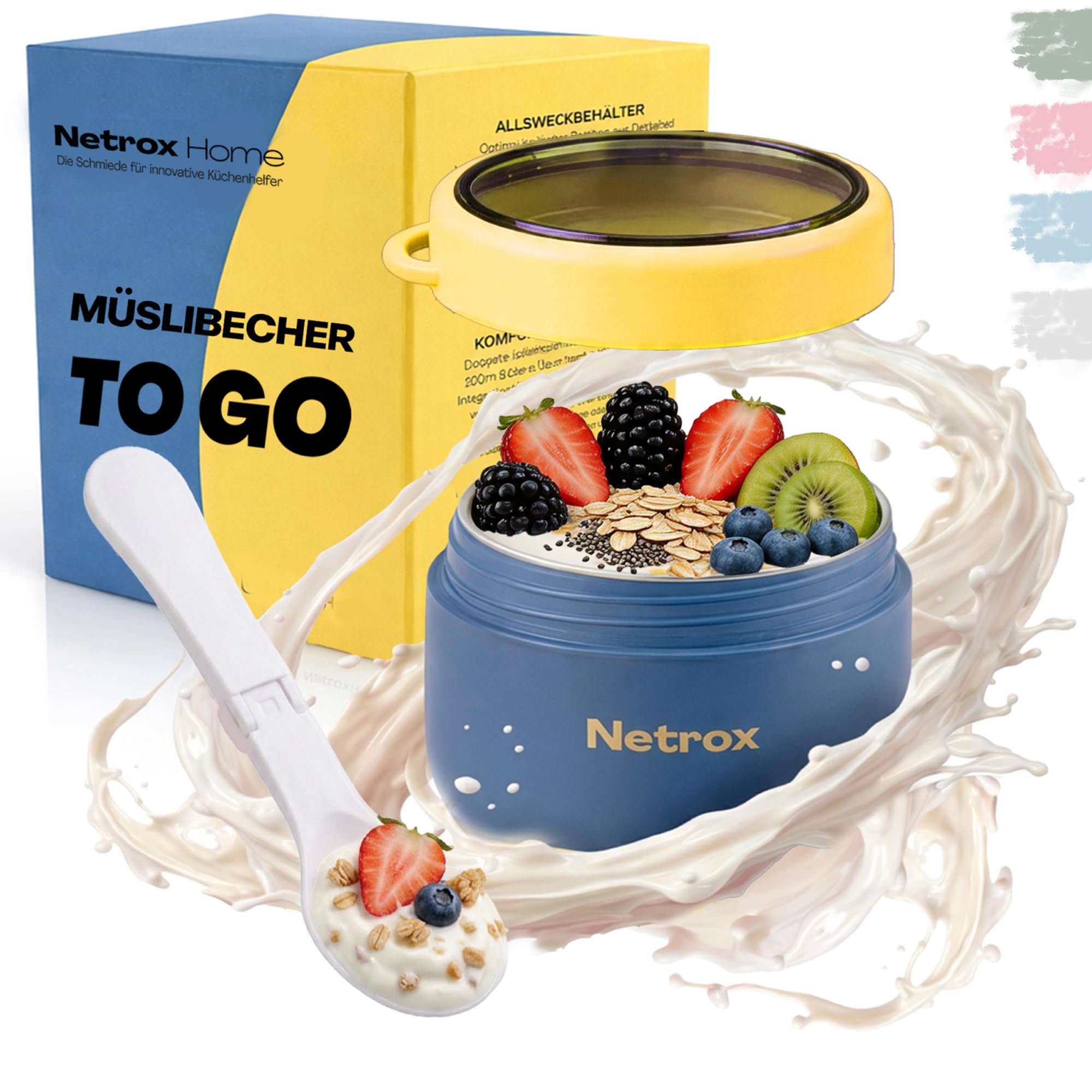 NetroxHome - Müslibecher To Go mit Löffel, Auslaufsicherer Joghurtbecher To Go aus Edelstahl, Lunchbox, Müslibecher - To Go Becher für Müsli, Joghurt, Porridge, Suppen - Müsli To Go Becher - Kinder