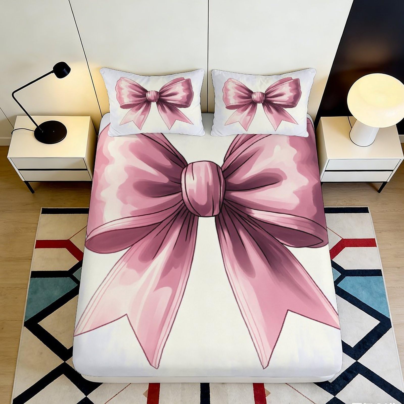 Jqzkxnhpbr Style-7 3D Printed Pink Bow Fitted Sheet Microfiber Soft Decorative Ribbon Bed Cover For Bedroom Guest Room Dorm Mattress Protection 90X200x25cm