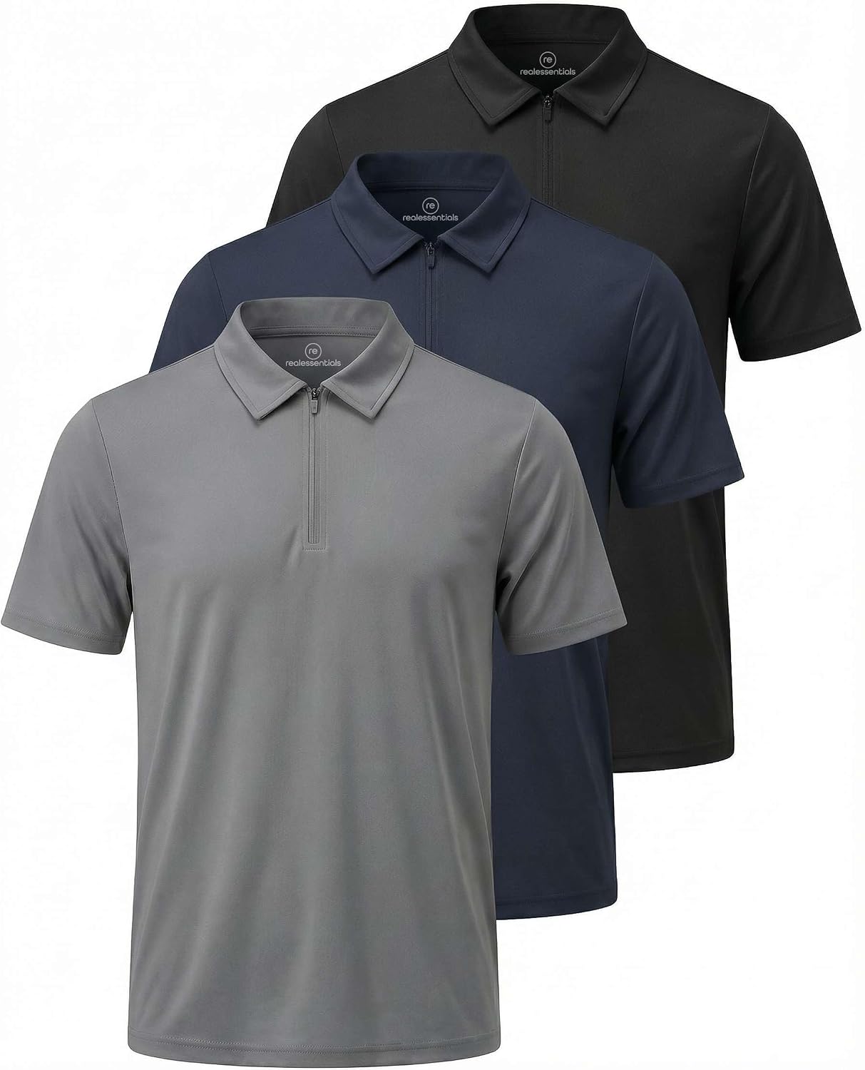 Real Essentials 3 Pack: Men's Polo Shirts Zipper Short Sleeve Dry Fit Quarter Zip Golf Athletic Workout Gym Collared
