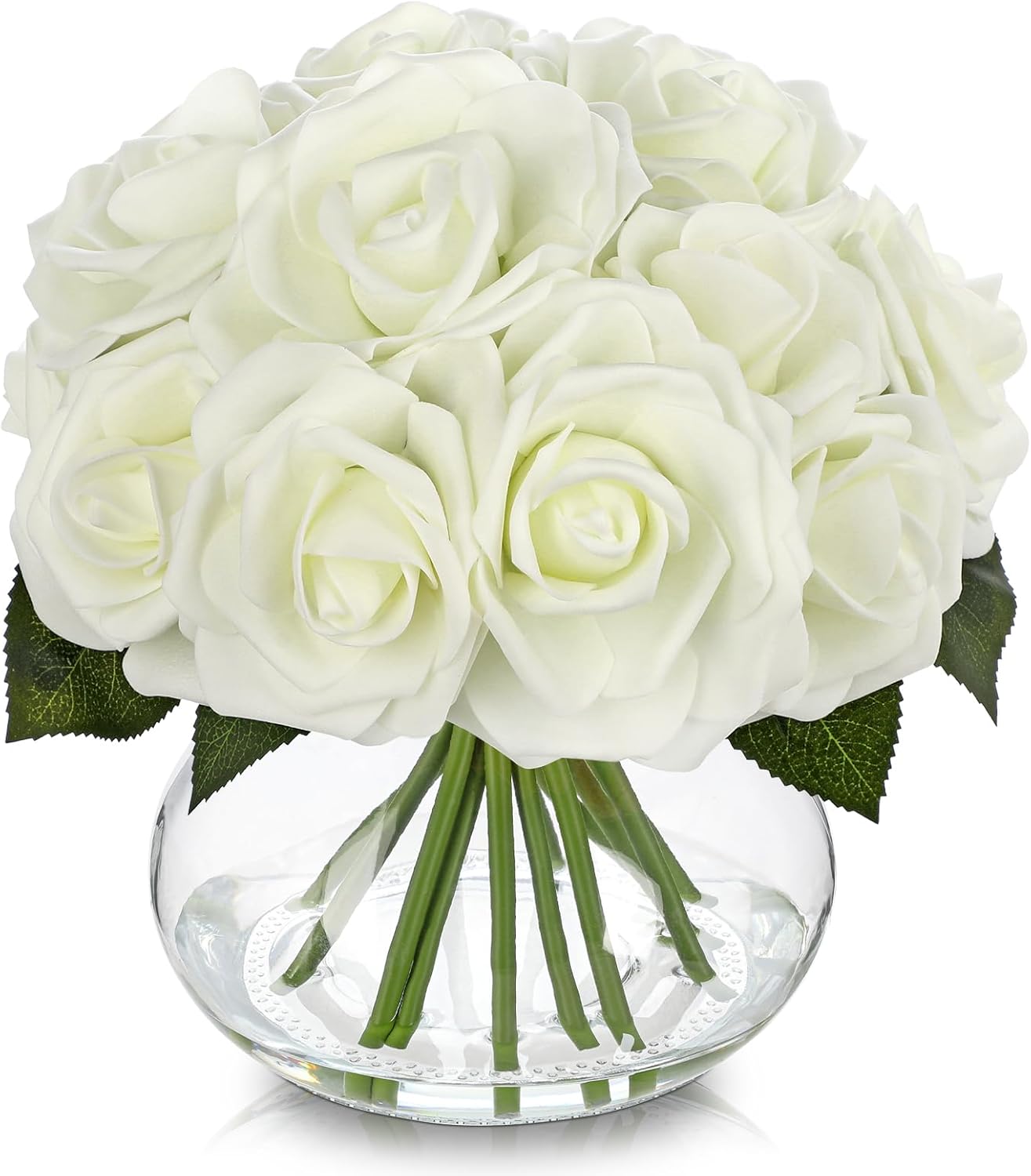 Hollyone White Roses Artificial Flowers in Vase Silk Fake Rose Bouquet Flowers Floral Arrangements with Glass Vase with Faux Water for Home Bathroom Office Table Centerpiece Shelf Decorations