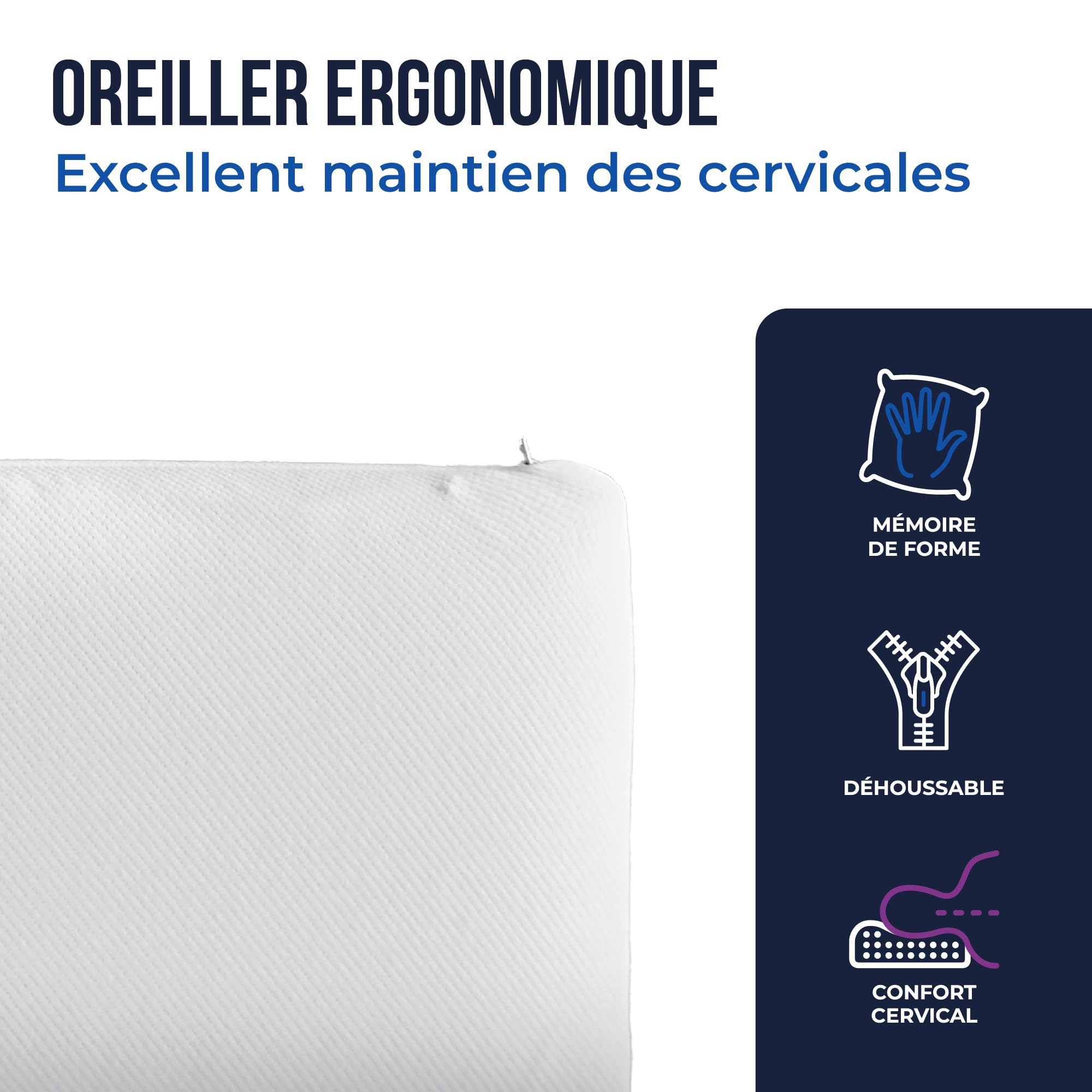 Oreiller Ergonomique Mémoire Forme Oreiller Ergonomique Mémoire De Forme COLAS NORMAND - 60x40x12cm - Mousse Polyuréthane - Housse Démontable - Soutien Cervical Confort Sommeil