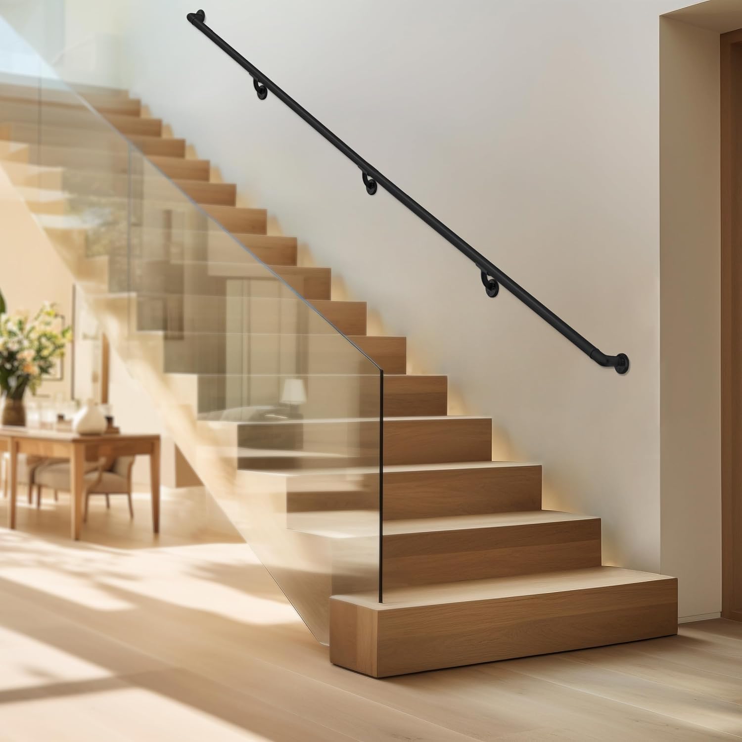 Meranti Aluminum Handrail for Stairs - ADA Compliant Wall Returns - Handrails for Indoor Stairs - Metal Handrail, Powder Coated for Outdoor Environment, DIY Handrail Kit (WHR, Black, 6' Length)