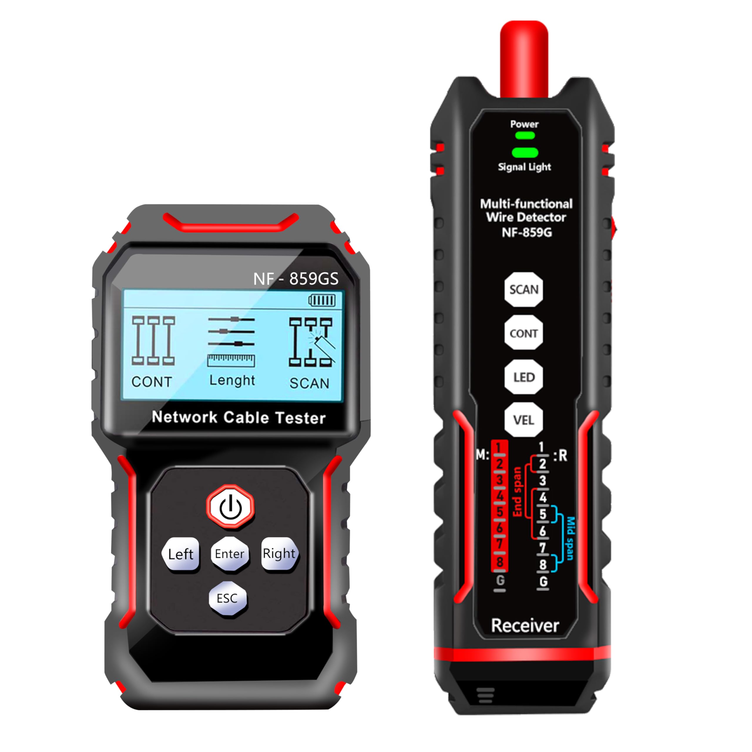 Netzwerkkabeltester Ethernet-Kabeltester, unterstützt PoE,RJ45,RJ11,CAT5,CAT6,Leitungssucher und -finder, Längenmessung/LAN/Telefonleitungsprüfung/Tongenerator/Glasfaser-Durchgangsprüfung NF-859GS