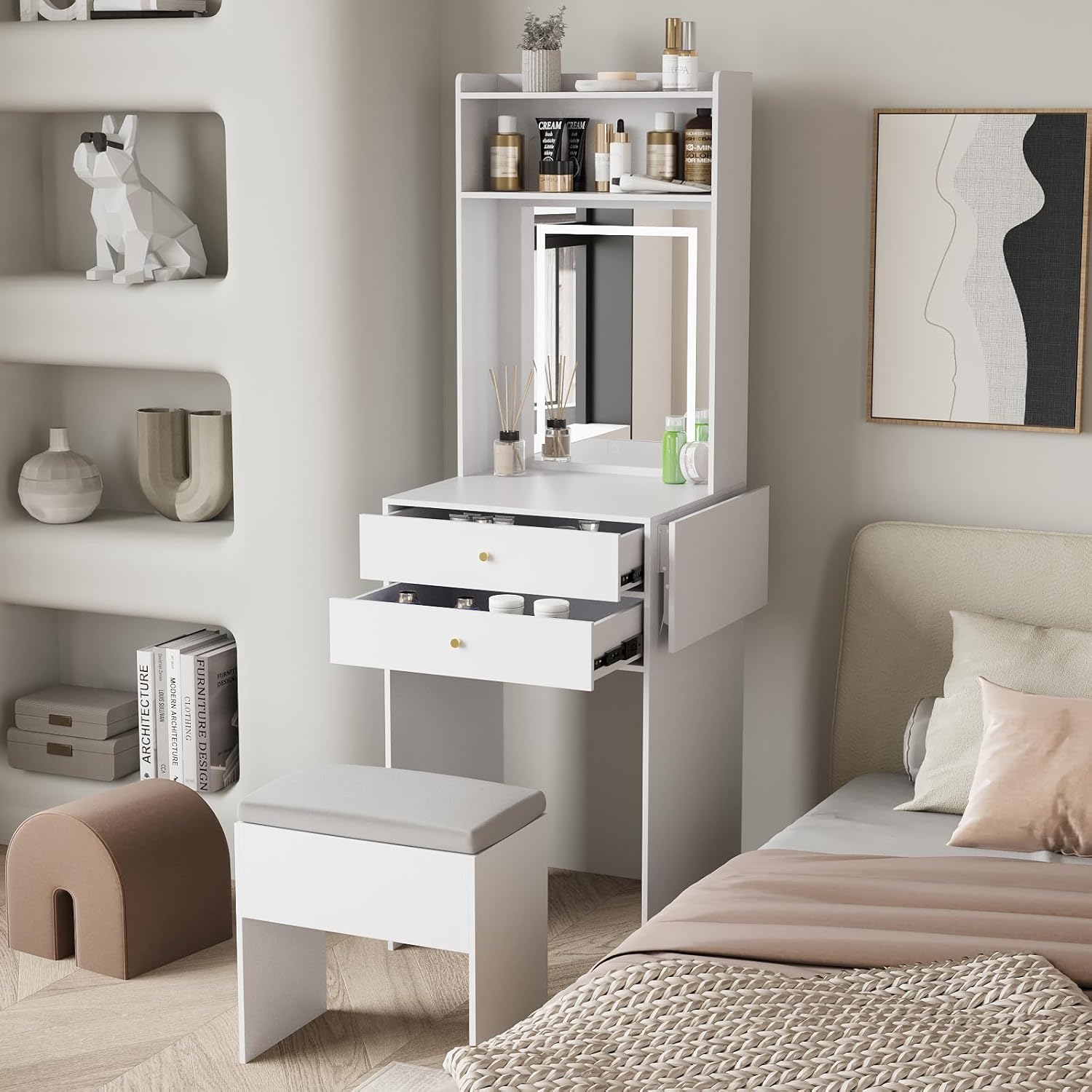 White Compact Vanity Desk Set with Adjustable Mirror and Storage Bench
