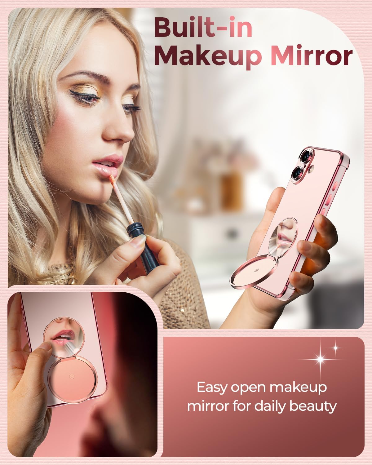 Silverback for iPhone 17 Case with Stand, Rotatable Ring Holder & Makeup Mirror, Women Girls Glitter Sparkle Heart Design Protective Cover for iPhone 17 6.3 inch, Pink - Image 2