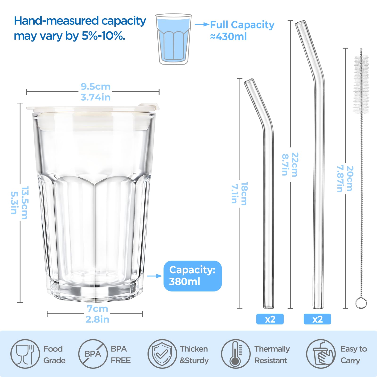 ecooe 430 ml żebrowane szklane kubki z pokrywką i słomką, 2 sztuki, szklane kubki do smoothie, mrożonej kawy, hermetyczne, wodoodporne szklanki do kawy, szklanki do picia soku matcha latte, mleka