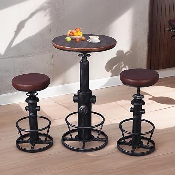 Topower 3 Piece Pub bar Set Retro Round bar Table and Stools for 2 Height Adjustable Pub Table and stools Match bar Height and Counter Barstool1 Table + 2 Chairs