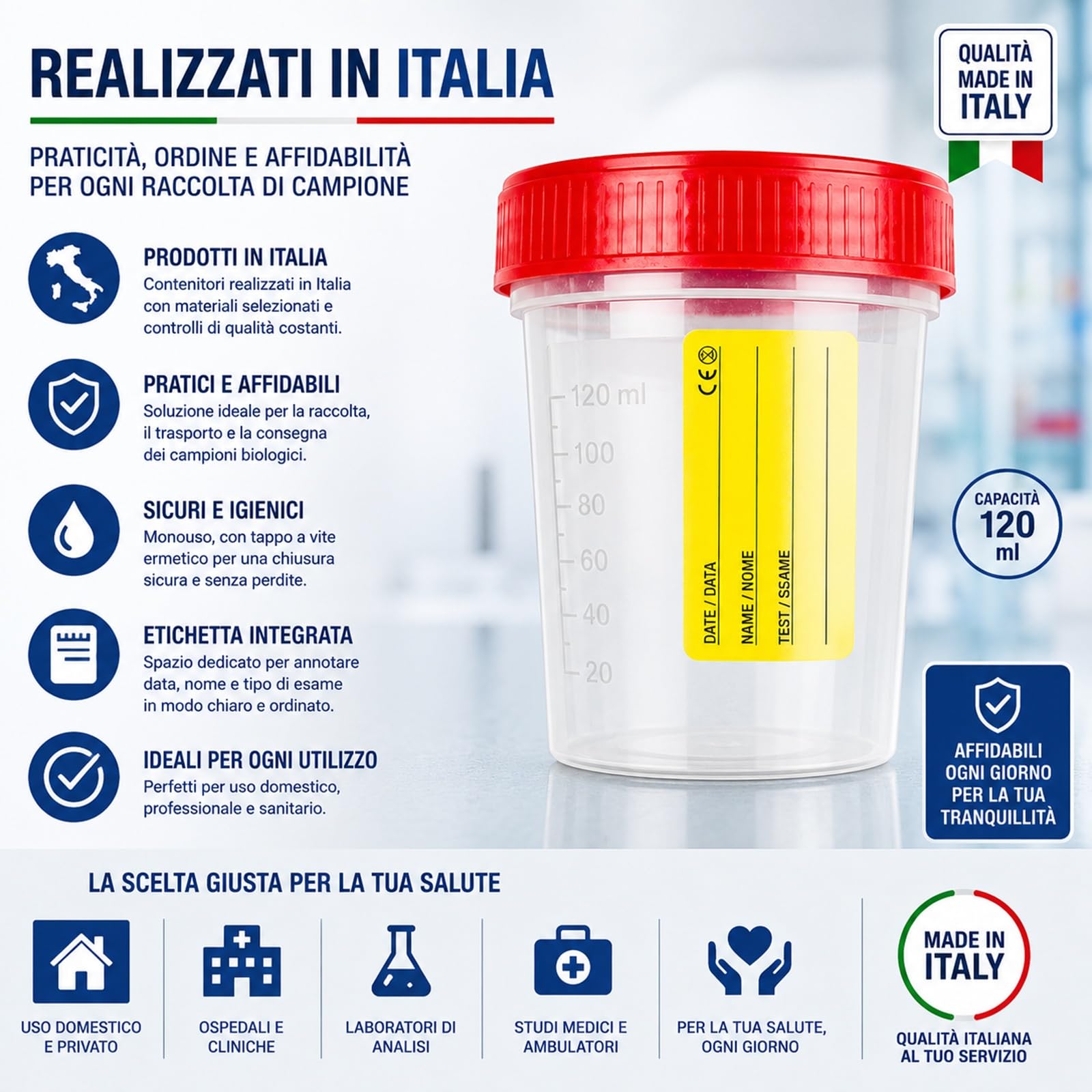 Topolenashop 4 Contenitori Urine Sterili 120 ml con Tappo a Vite ed Etichetta – Vasetti Monouso per Analisi Urine, Urinocoltura ed Esami di Laboratorio, Made in Italy
