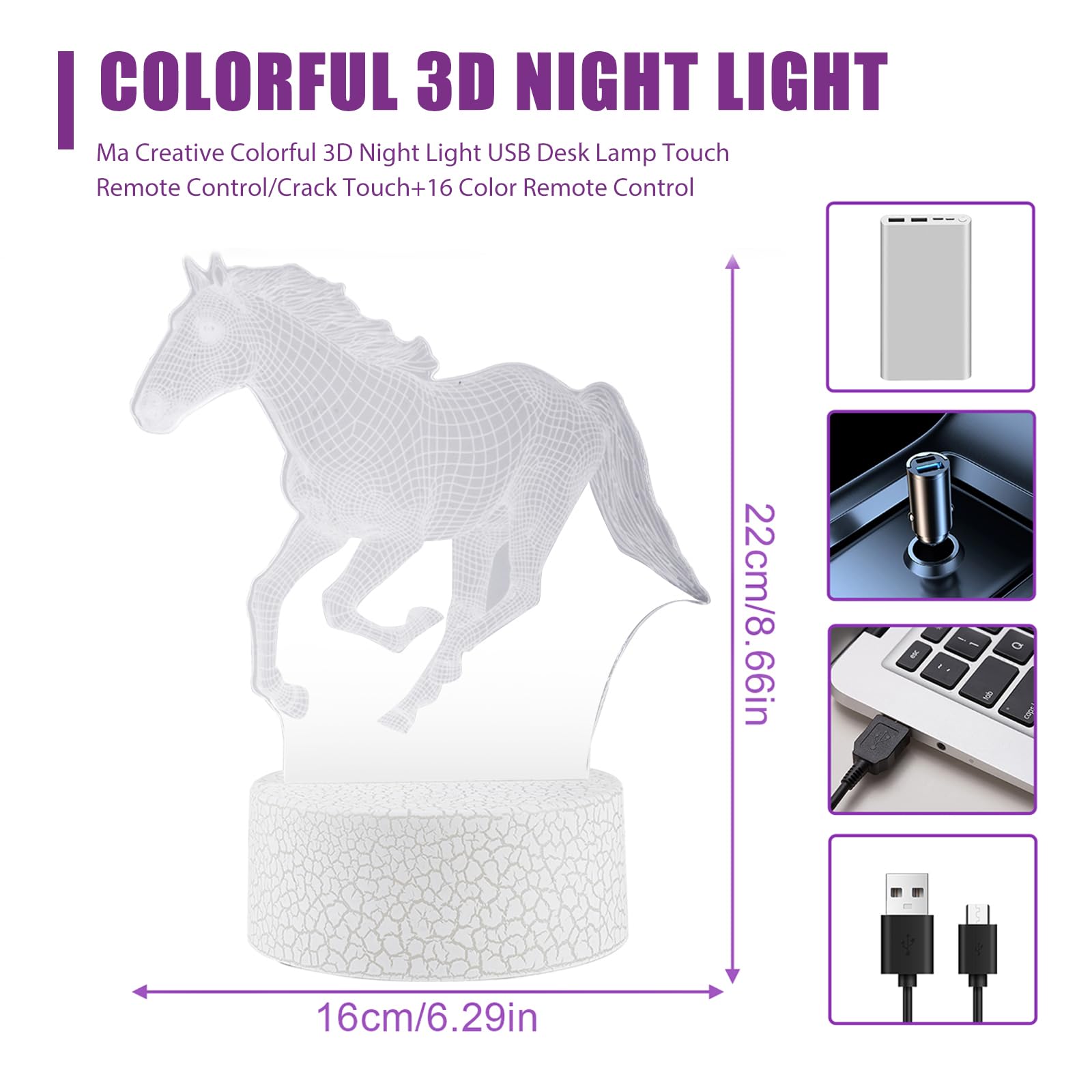 Luce Notturna 3D A Forma Di Cavallo FULLOSUN – 16 Colori Con Telecomando – Lampada Da Comodino USB