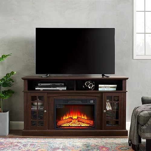 Soporte de TV con chimenea eléctrica de 24.5 pulgadas para TV de 55 a 65 pulgadas, centro de entretenimiento moderno de 58 pulgadas con puerta de