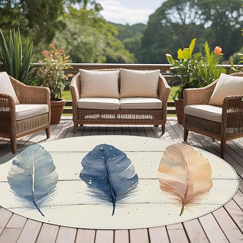 Miniatura 4 de Round Rugs 6ft, Colorful Feather Non-Slip Area Rugs for Living Room Bedroom Entryway, Watercolor Retro Rustic Wooden Grain Washable Carpet Runner