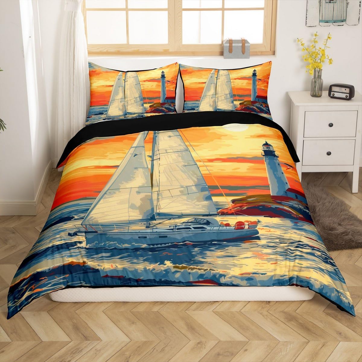 Erosebridal Blue Dolphin Bedding Set Toddler Size,Nautical Theme Comforter Cover Sea Animal Duvet Cover Coastal Lighthouse Quilt Cover for Kids Boys Girls Bedroom Decor