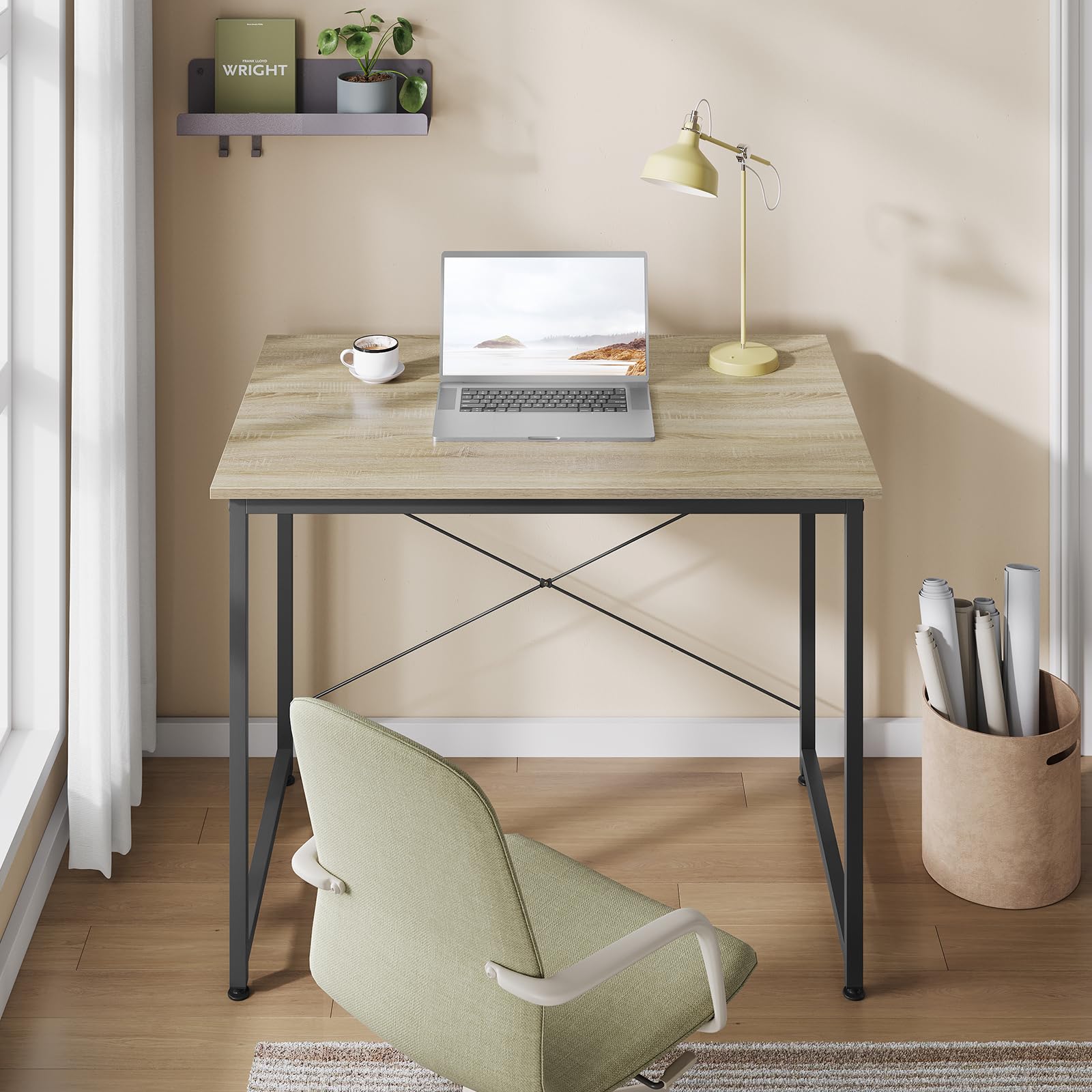 WOLTU Bureau d'Ordinateur, Table Informatique, 80x60x70cm, Chêne Clair+Noir | avec Piétement Métallique, pour Bureau, Salon, Chambre, en Bois Composé