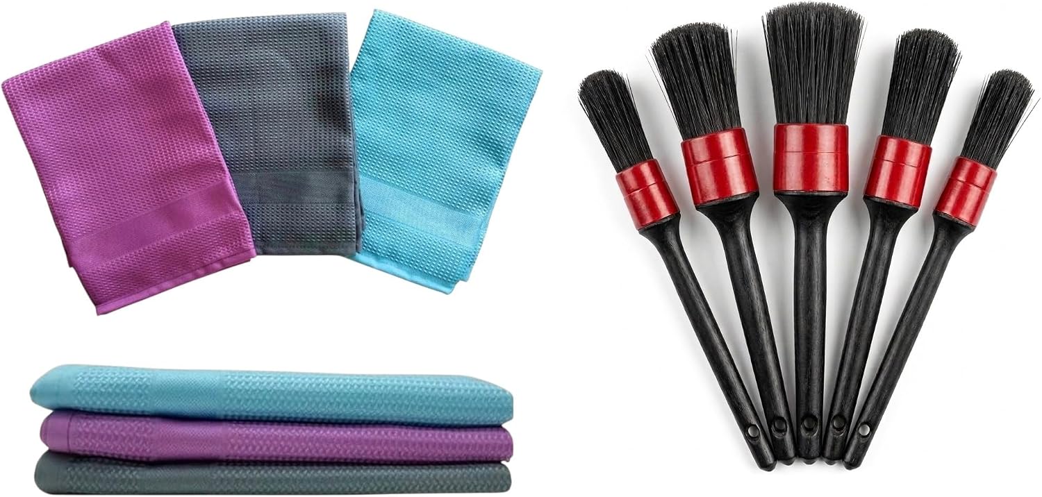Senon Profosyonel Temizlik Seti Toplam 8 Parça 3 Parça 50x70 Yüksek Emicilik İz Bırakmaz Mikrofiber Temizlik Bezi Ve 5 Parça Araba Detay Temizlik Fırça Seti Detaylı Temizlik Fırçası