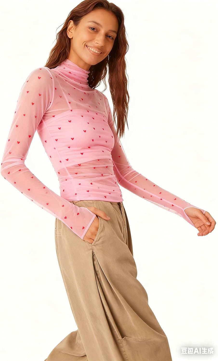 Sheer Mesh Long Sleeve Layering Top for Women Mock Neck Heart Lace See Through Tee Shirt Undershirt Valentines Day Tops - Image 4