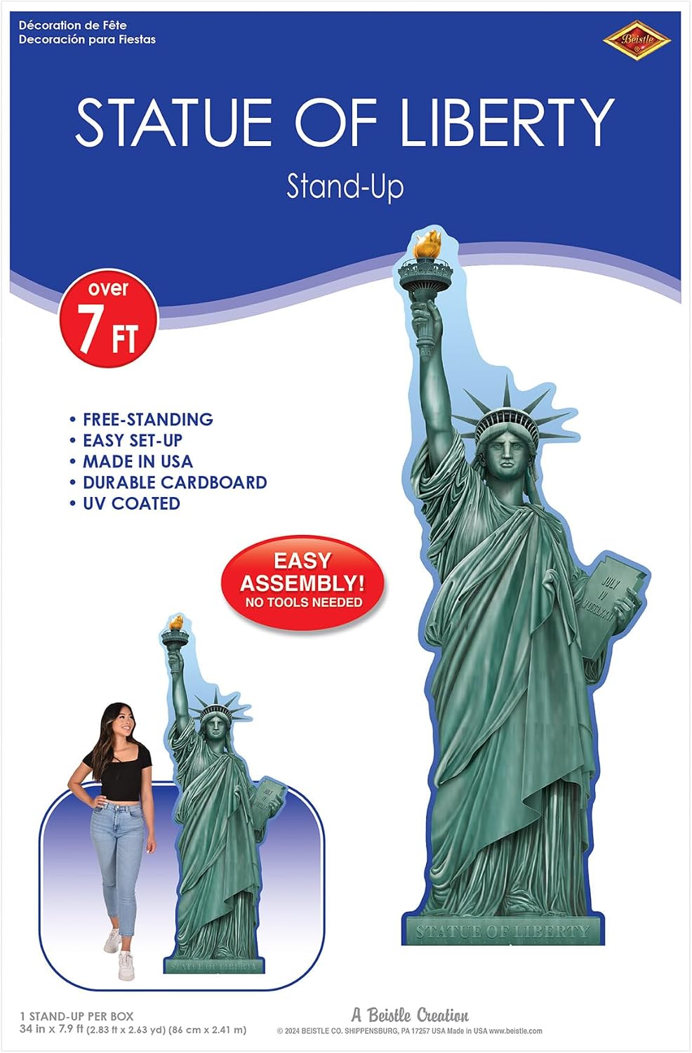 Beistle Statue of Liberty Stand-Up Large Patriotic USA Party Decoration, Historical NYC Classroom Prop, Educational Display and New York City Themed Supplies, 7’ 10.75”, 7' 10¾", Green/Blue