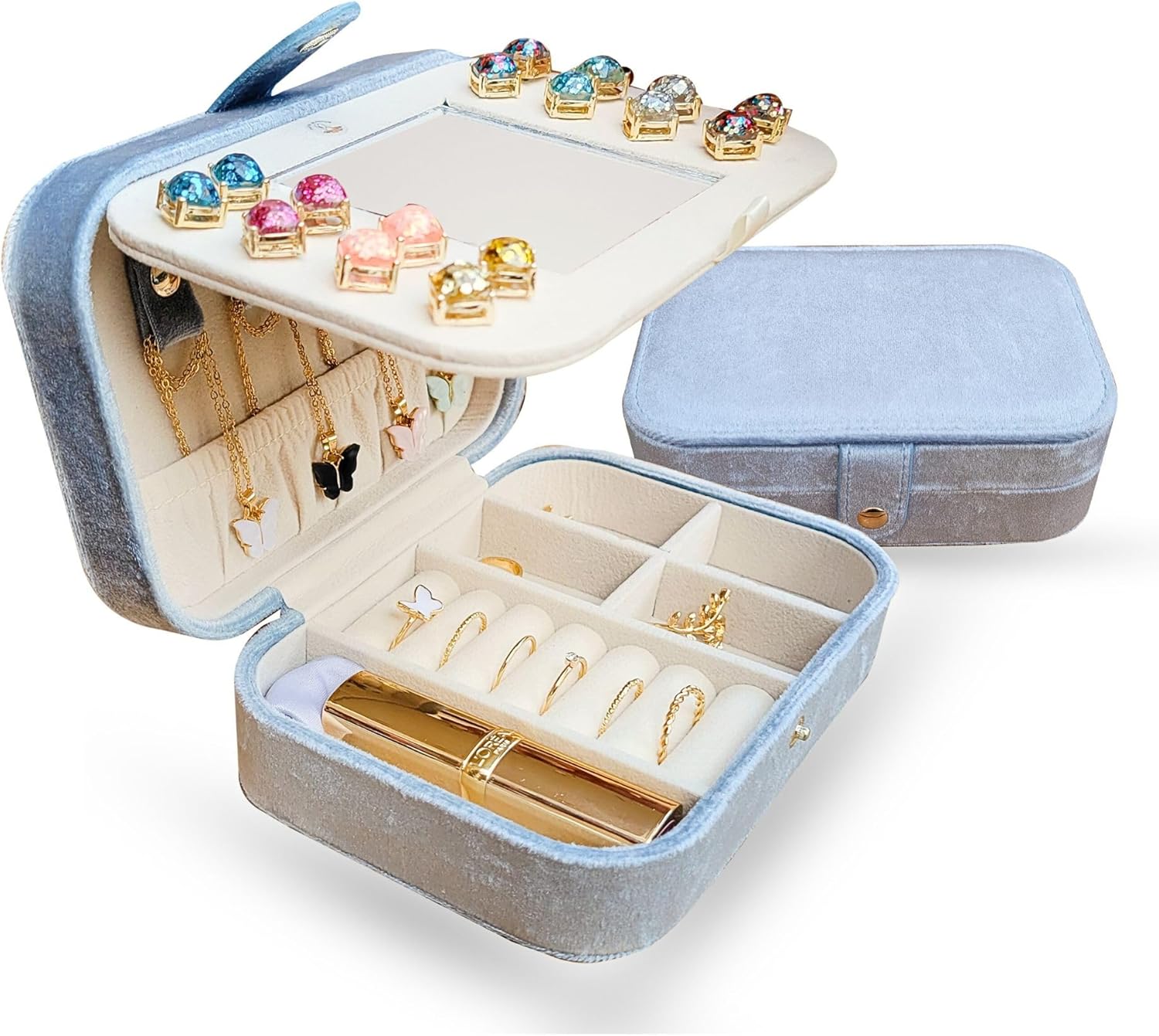 Pastel Blossom Velvet Travel Jewelry Box with Mirror – Small Jewelry Organizer Case for Women – Portable Storage for Rings, Earrings, Necklaces & Bracelets – Sky Blue – Gift-Ready
