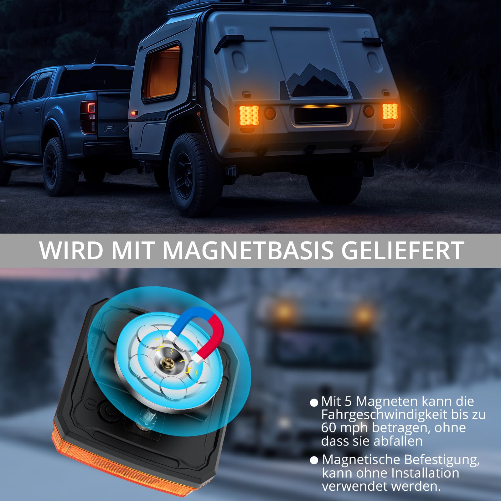 Justech 2er Warnleuchten Wiederaufladbare Warnlicht Magnetische Rundumleuchte 18 Blinkmodi, IP65 Wasserdicht, 2000mAh Akku, Magnetische Befestigung Blinklichter für Sichere Nutzung Bernstein