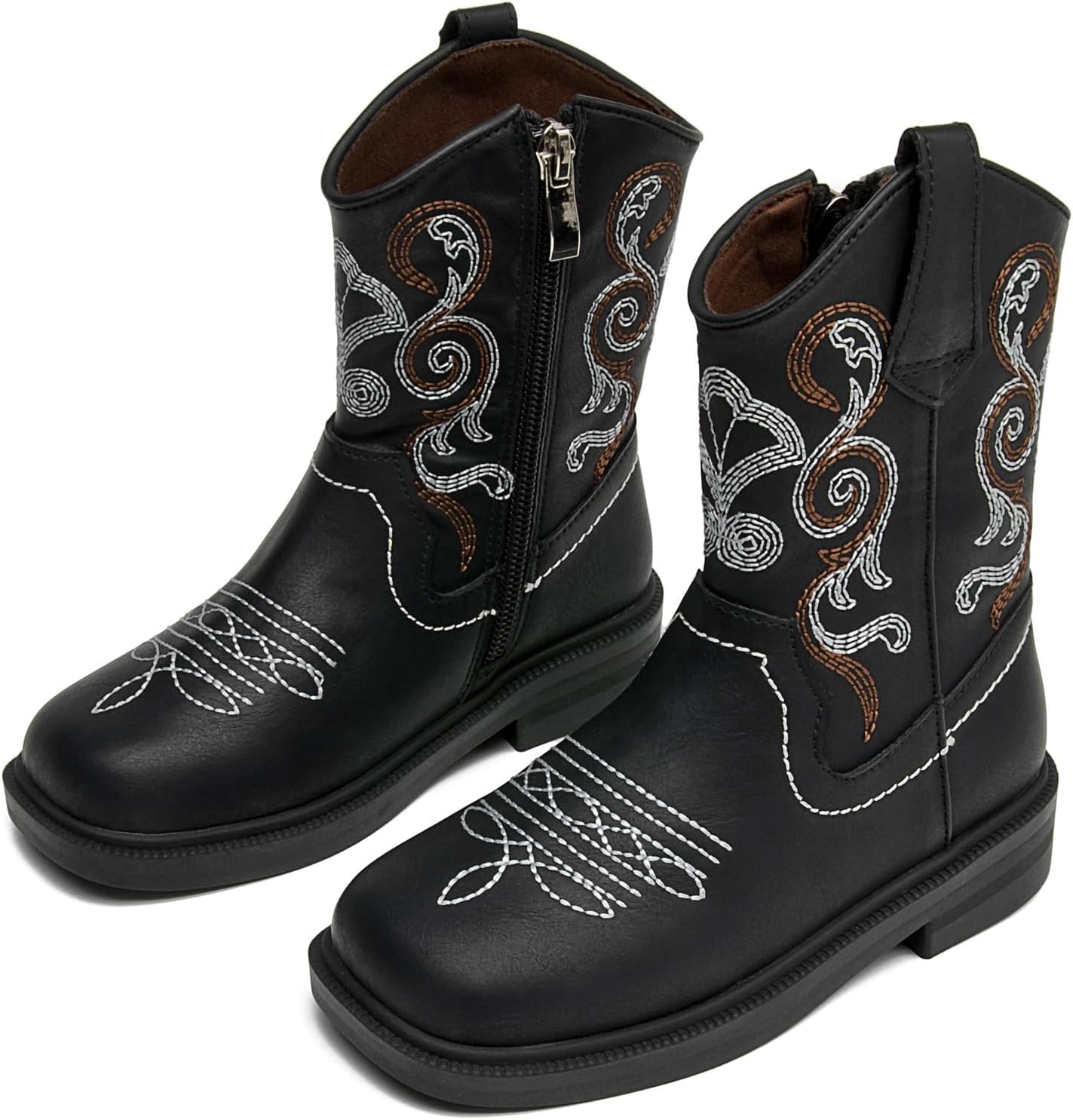 DADAWEN Toddler Little Boys Girls Cowboy Boots Kids Embroidered Western Cowgirl Boots Square Toe Mid Calf Riding Shoes