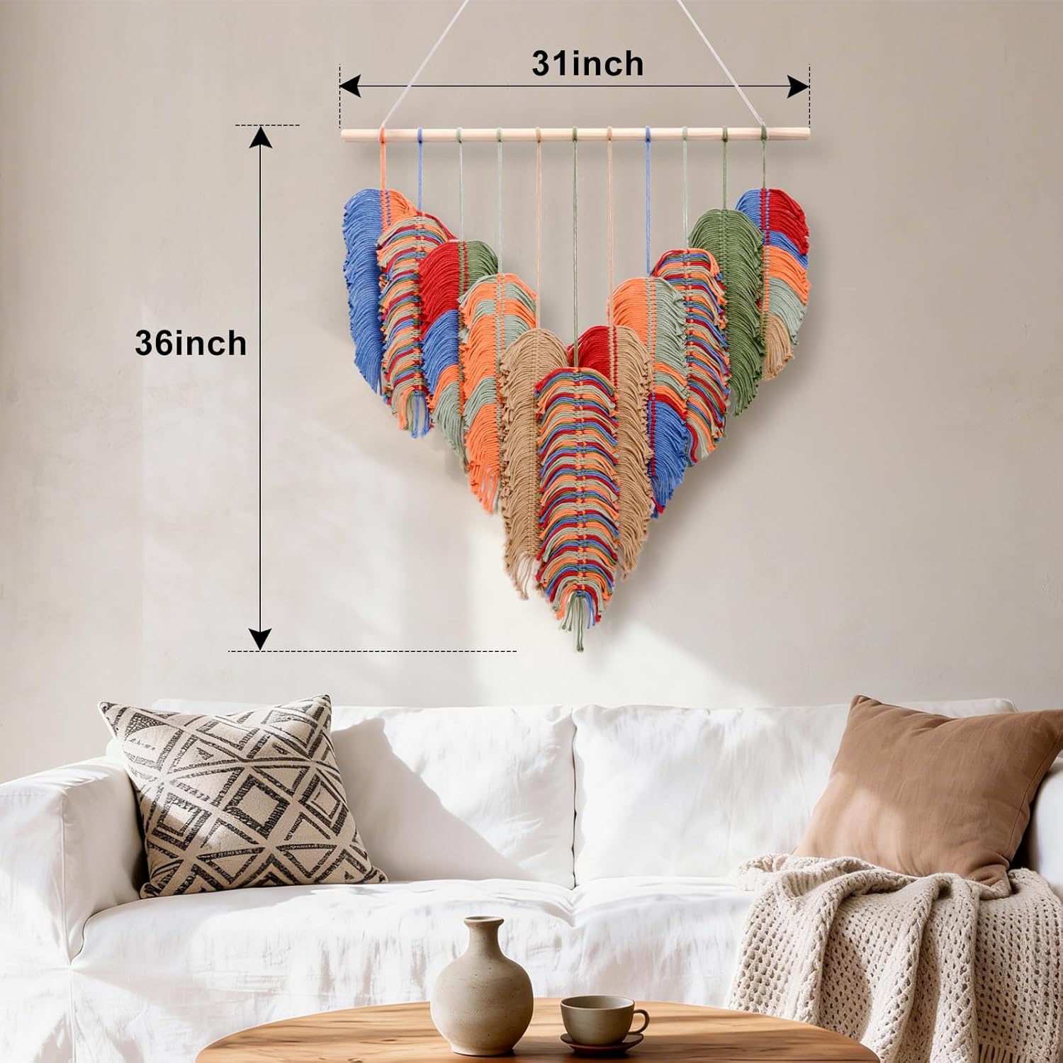 Large Macrame Wall Hanging - 31" X 36" Boho Colorful Tapestry Handmade Woven, Moroccan Style Heart-Shaped Wall Tassel Vintage Tapestries Hangings for Bedroom, Red Orange Blue Bohemian Wall Decor