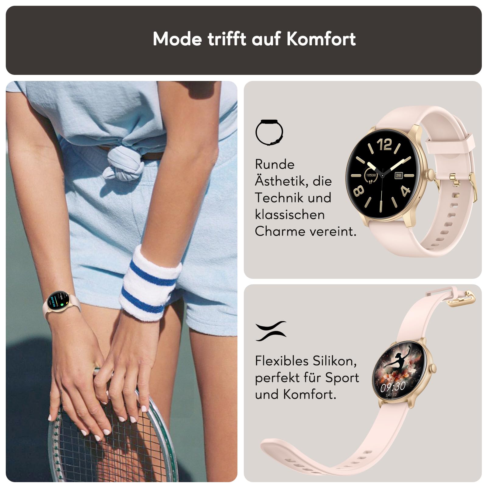 Smartwatch Damen Herren 1.38 Zoll HD-Display Bluetooth Anrufe Fitness Tracker Herzfrequenz SpO2 Schlafmonitor Schrittzähler IP68 Wasserdicht