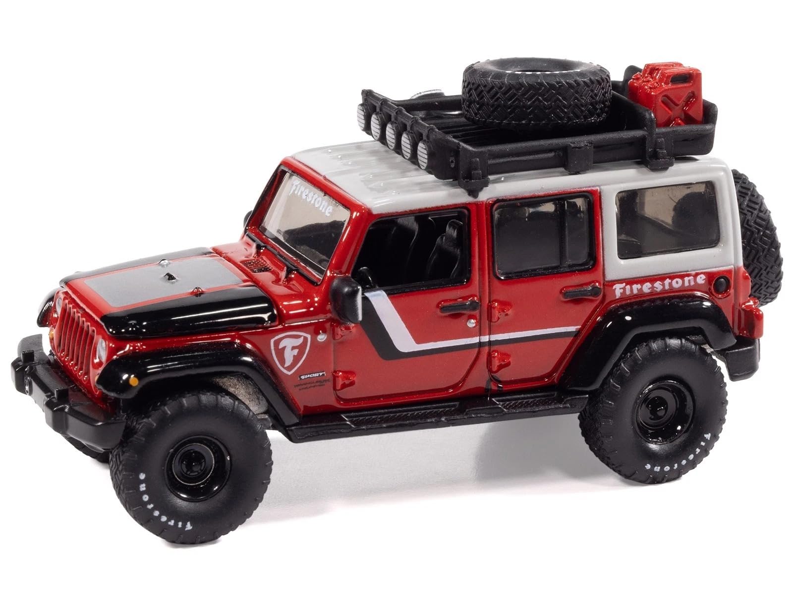 1:64 Scale Diecast Model Car Compatible 2018 Jeep Wrangler JK Unlimited Sport Firestone Field Agent Red w/Graphics and Gray Top with Roof Rack Big Country Collectibles 2025 Series by Auto World.