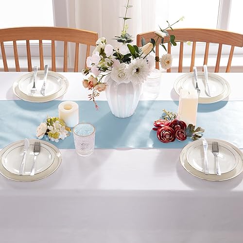 Miniatura 4 de Paquete de 5 caminos de mesa de satén azul claro, 12 x 108 pulgadas, camino de mesa de seda satinada brillante, tela suave, camino de mesa