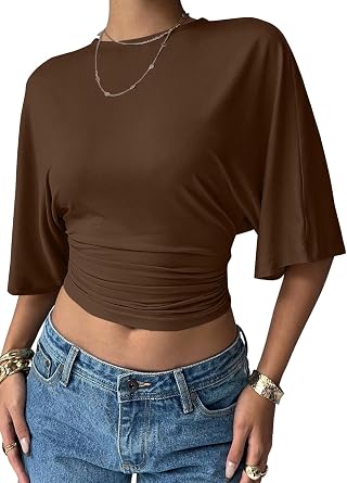 LOLONG Womens Half Sleeve Ruched Crop Shirts Summer Cinched Waist Tops