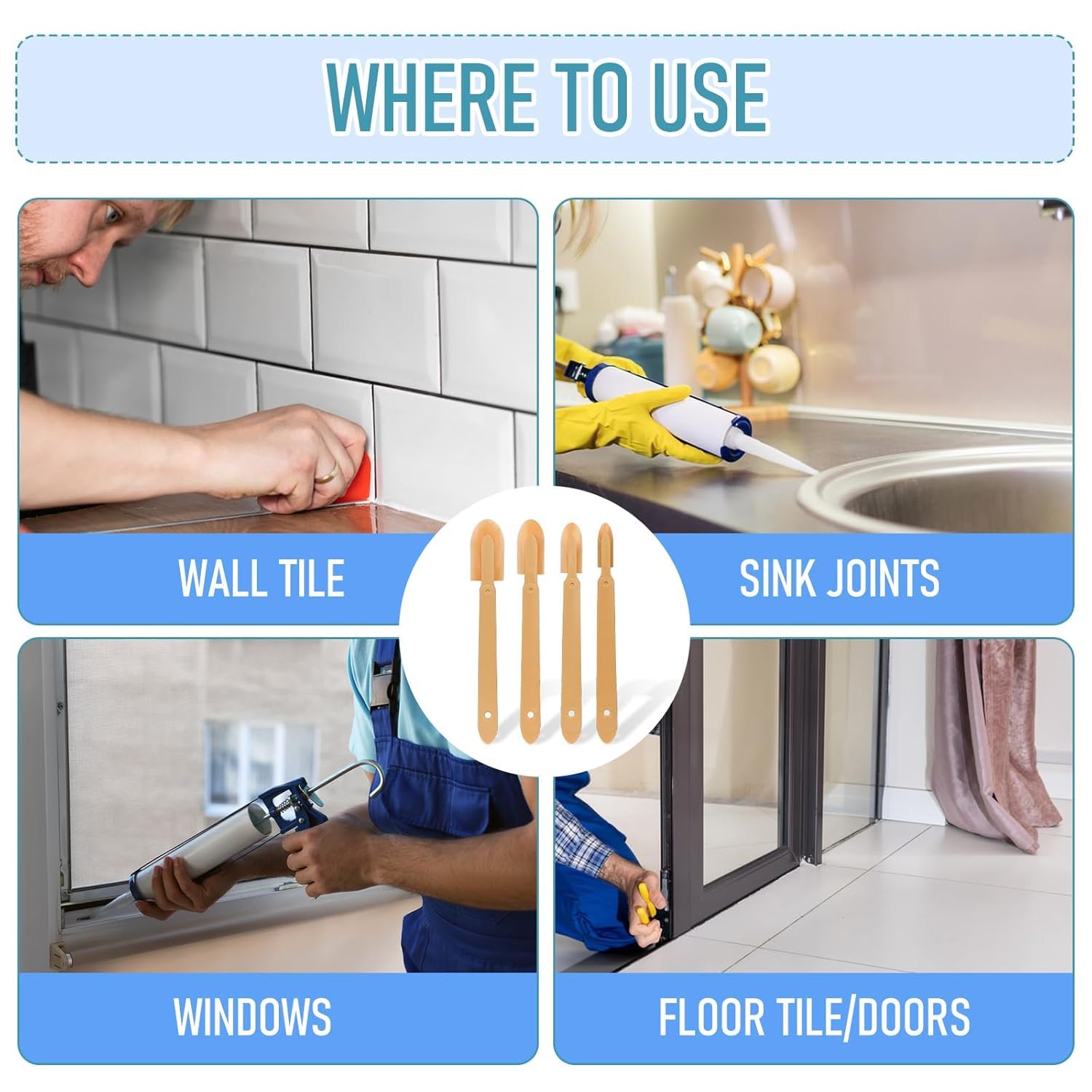 Generic Caulking Tools Set - 4 Size Rubber Spreader Spatulas Applicator - Water Resistant - Clear