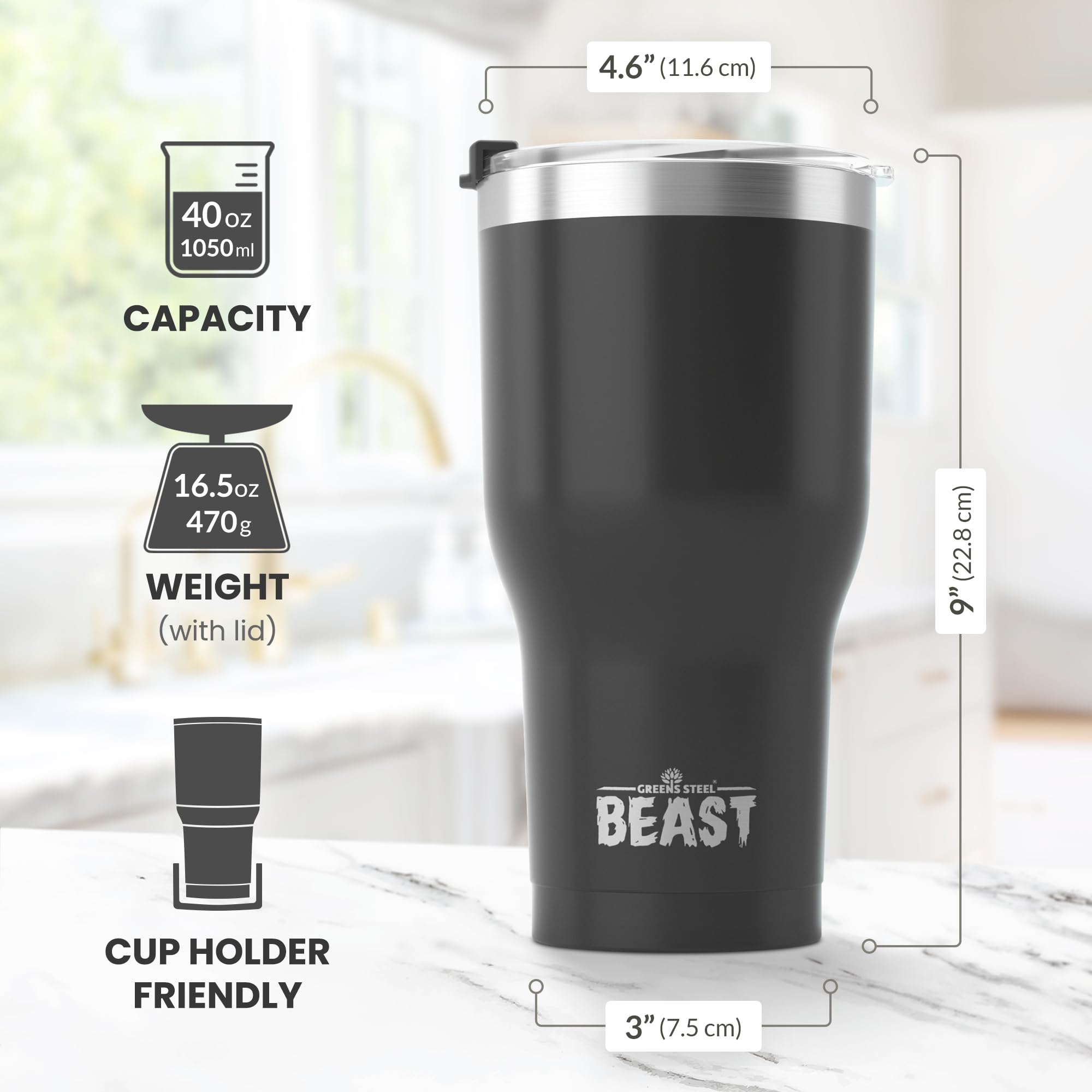 Greens Steel Beast Tumbler – 900 ml (30 oz), Negro Mate | Vaso de acero inoxidable reutilizable con aislamiento al vacío | con 2 pajitas y cepillo de limpieza | Termo de viaje de doble pared