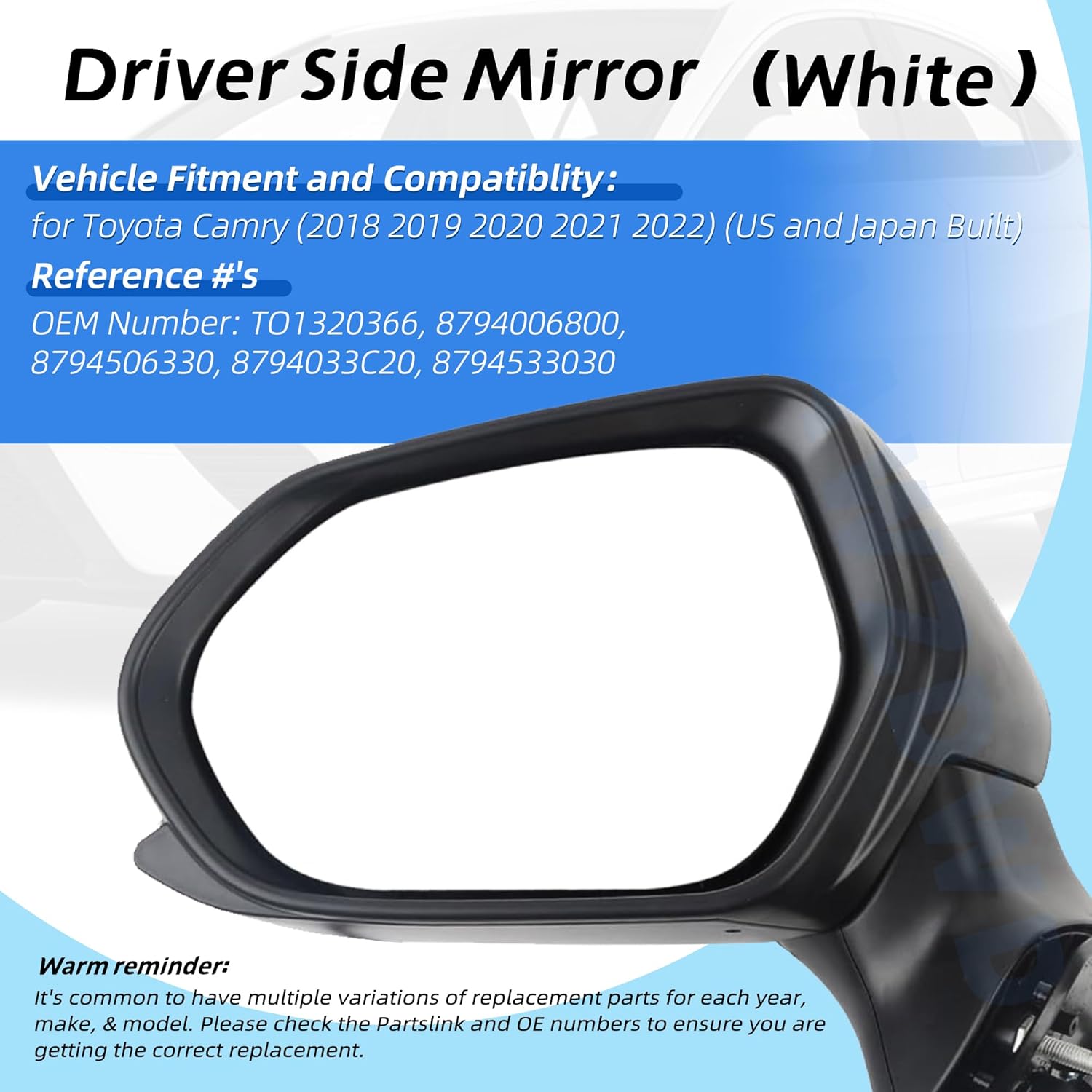 Driver Side Mirror Replacement For Toyota Camry (2018 2019 2020 2021 2022) - Non-Heated Manual Folding without turn signals without Blind White Left Driver Side Mirror Replacement - 8794006800(3Pins)