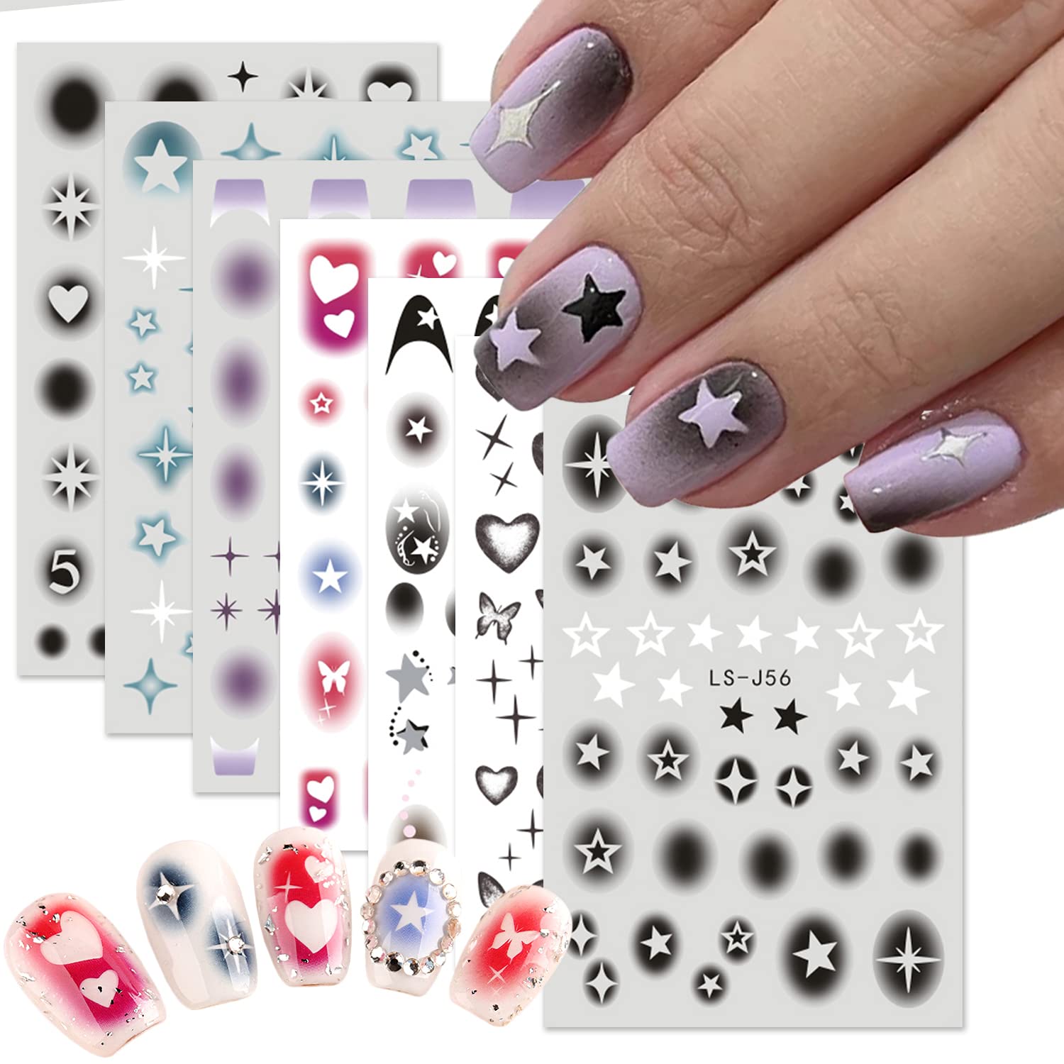 8 Sheets Heart Nail Stickers Star Heart Nail Template