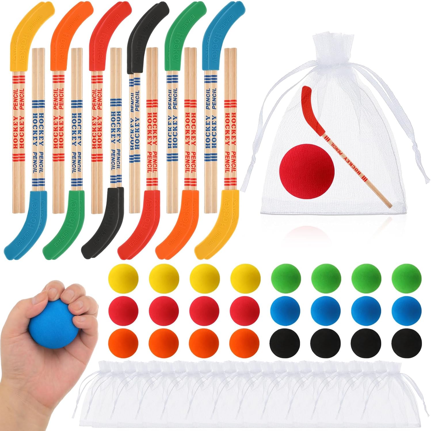 72 Pcs Hockey Party Favors Include 24 Hockey Pencils with Erasers 24 Balls 24 Bags Pencils Foam Balls Gifts for Classroom School Birthday Party Prize