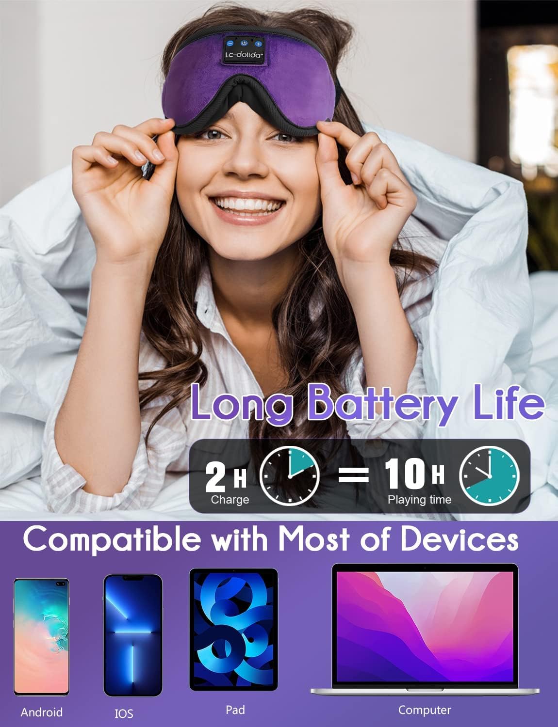 LC-dolida Sleep Headphones, Sleep Mask Bluetooth Wireless Music Eye Mask, Sleeping Headphones for Side Sleepers Sleep Mask with Bluetooth Headphones Ultra-Thin Stereo Speakers Perfect for Sleeping view 5