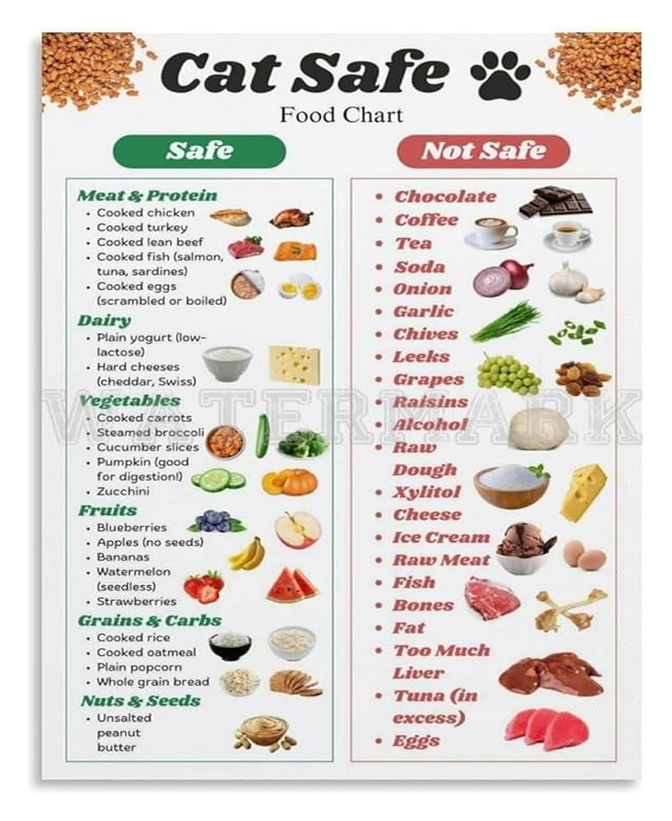 IDGTTLDF Feline Food Guide Informative Poster Nutrition Reference Chart Canvas Wall-Art for Kitchen Vet Room Unframed,16x24inch(40x60cm)