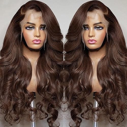Miniatura 3 de Peluca de cabello humano con encaje frontal marrón para mujer, 13 x 4 HD, pelucas de encaje frontal de cabello humano castaño chocolate, sin
