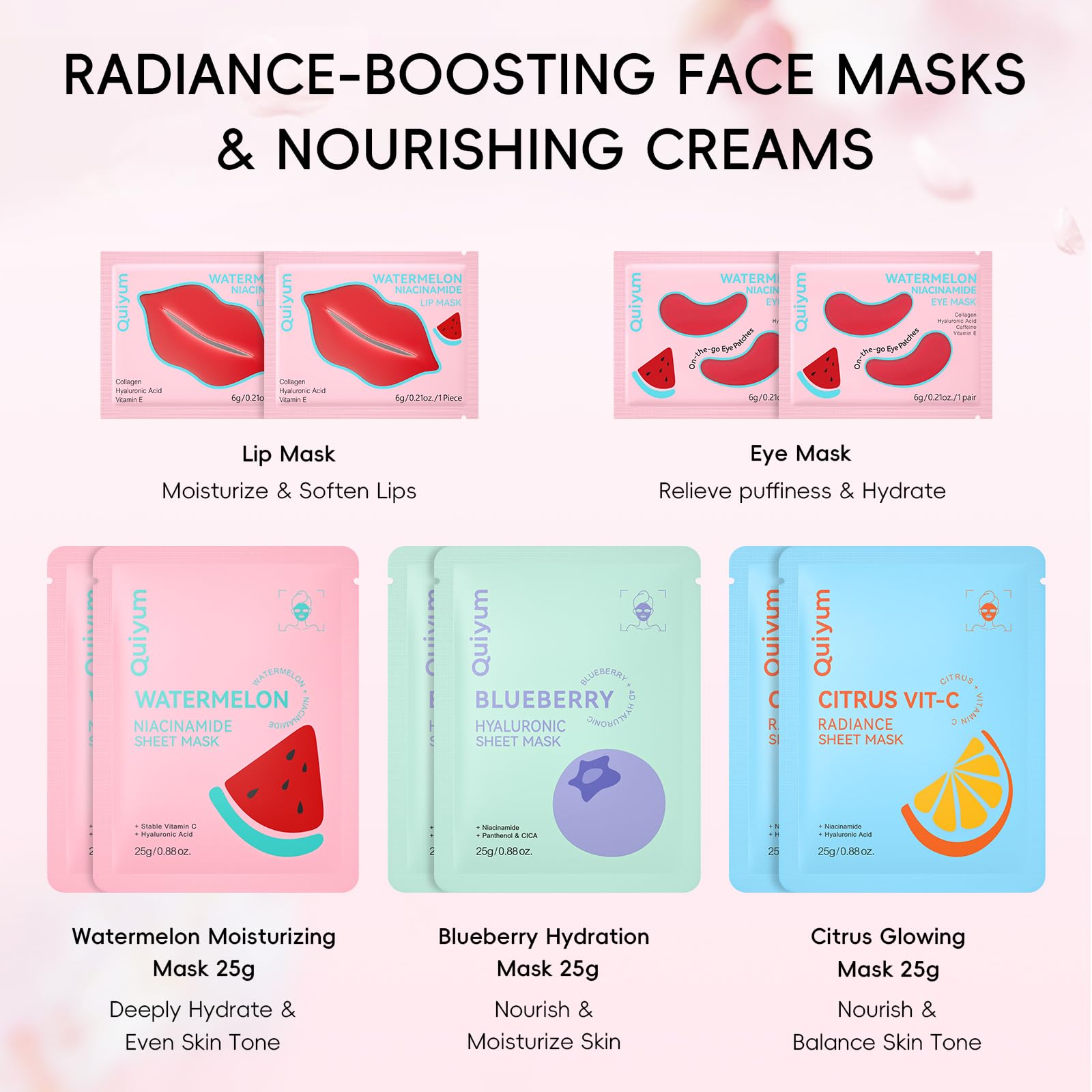 QUIYUM Skincare Set - 26PCS Face Masks & Lip-Eye Masks, Fruit & Turmeric VC Masks Gifts for Women Teen Girls, Travel Size Toiletries for Mother's Day Christmas Birthday