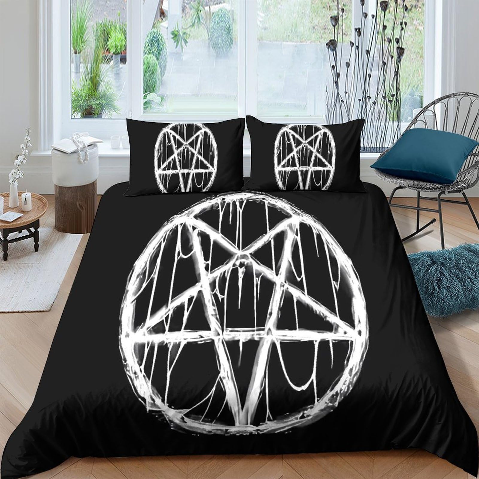 Ctjqhvkz Style-9 3D Printed White Pentagram Fitted Sheet Microfiber Soft Black Gothic Bed Cover For Bedroom Dorm Mattress Decoration Single（135X200cm）