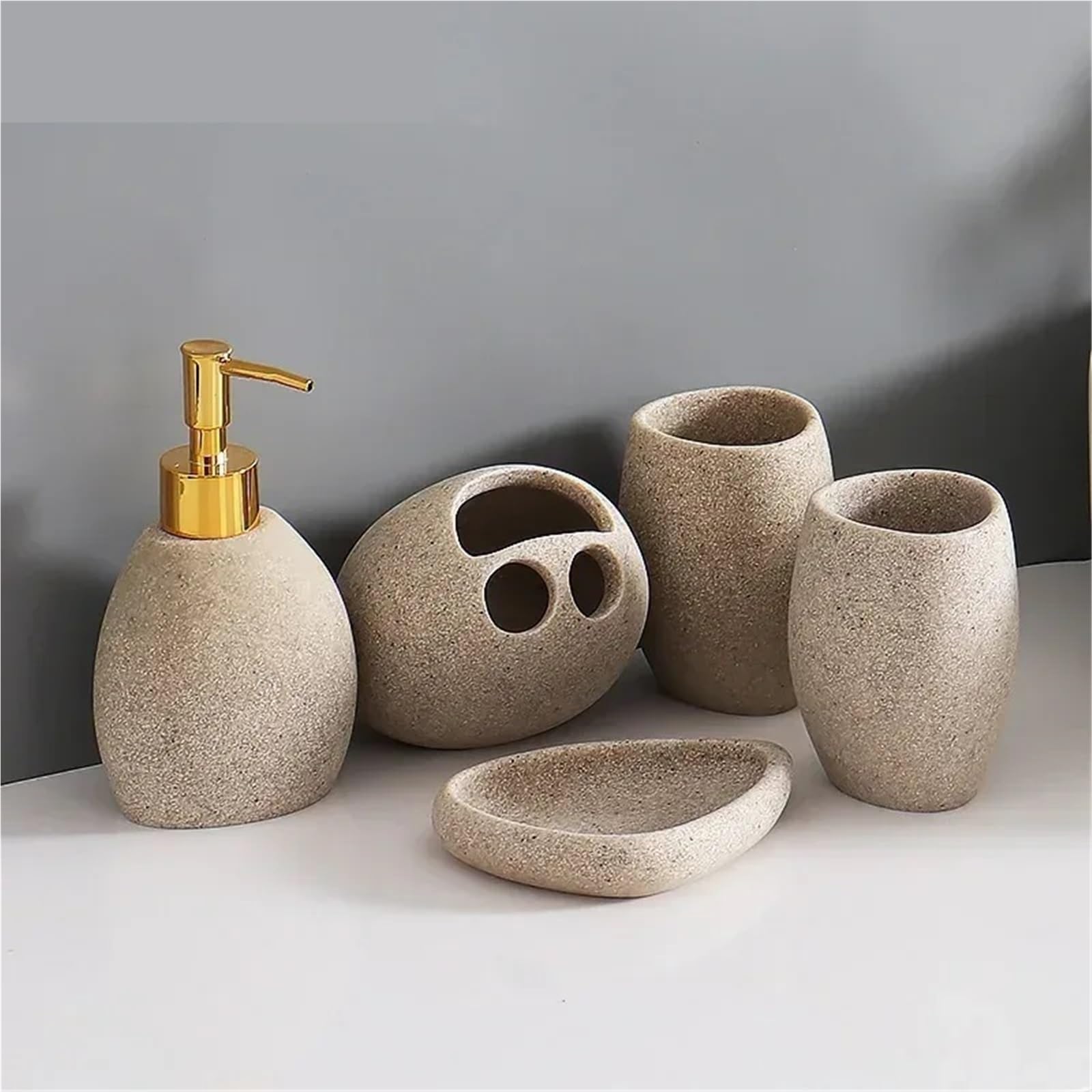 Dispensador de Jabon Set de artículos baño, Resina marrón, dispensador jabón, Soporte for Cepillo Dientes, Botella champú, Caja, Pasta